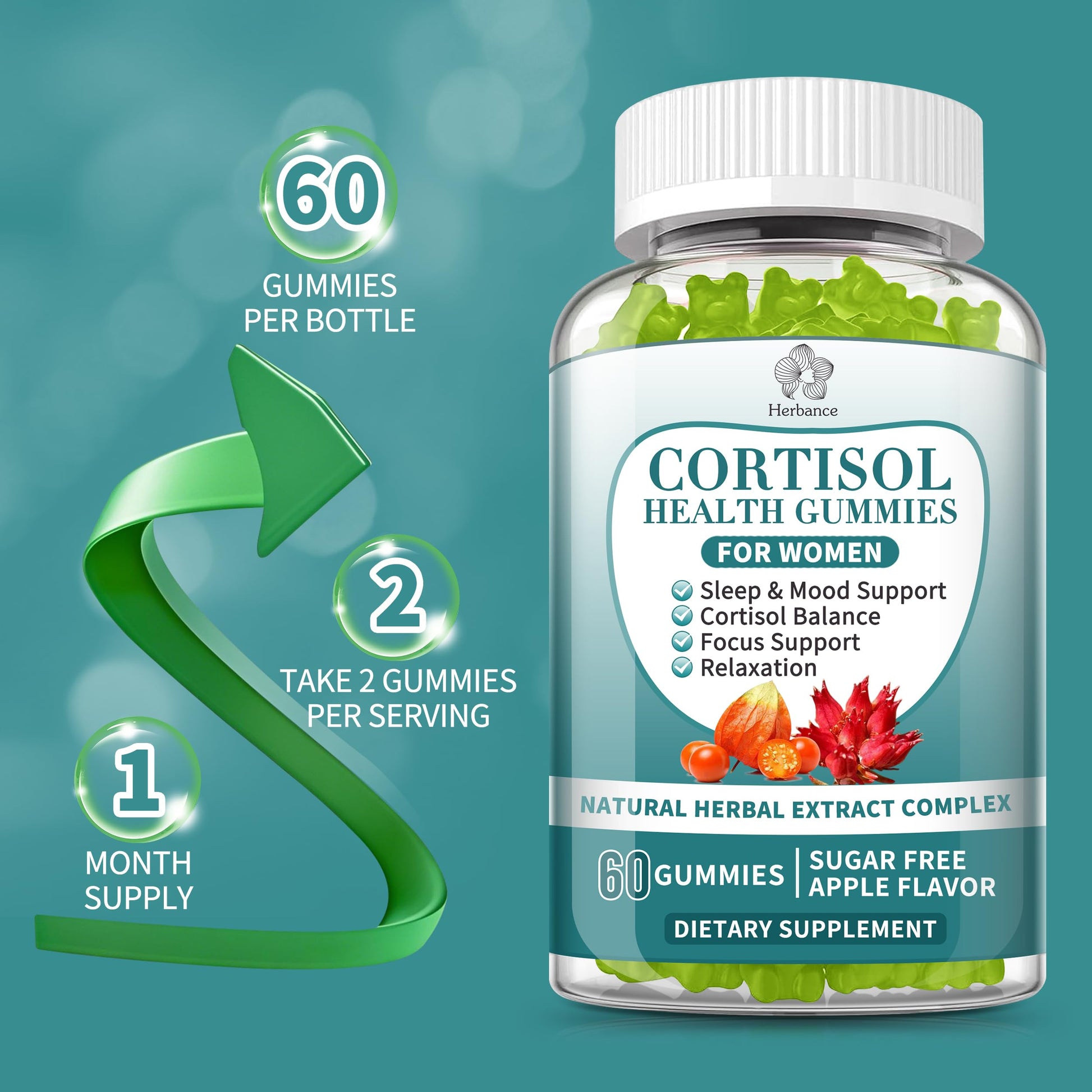 Cortisol Supplements Gummies for Women, Cortisol Reducer w.Ashwagandha Rhodiola Rosea Magnesium L-Theanine Phosphatidylserine Black Peper, Hormone Balanced & Lower Cortisol - 30 Day Vegan Supply Herbance uk supplements