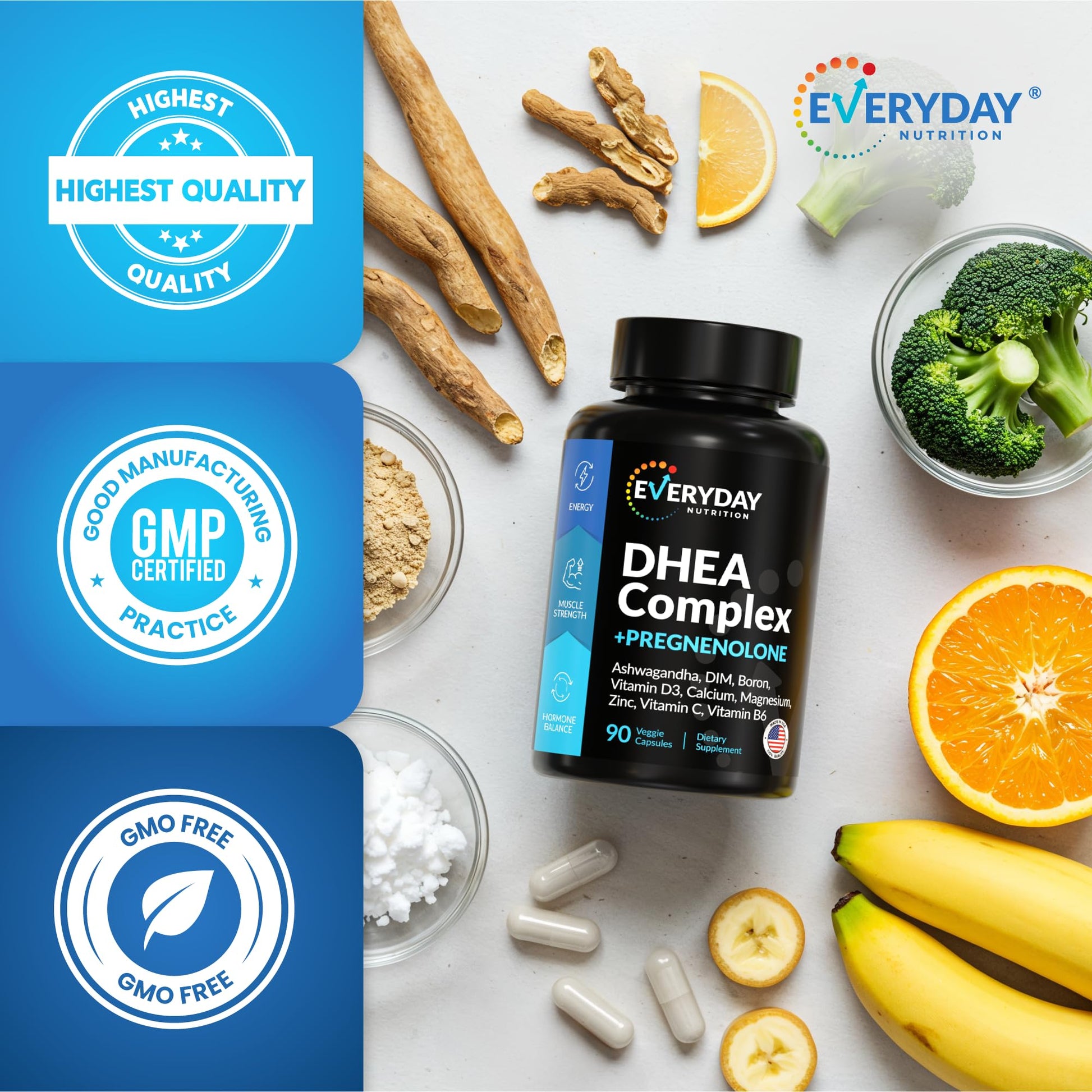 DHEA Micronized 200mg Complex with Pregnenolone 100mg Supplement for Men & Women with Ashwagandha, DIM, Magnesium, Boron, Calcium , Zinc, Vitamin D3, C and B6 Hormone Support - Made in USA 90 Capsules EVERYDAY NUTRITION uk supplements