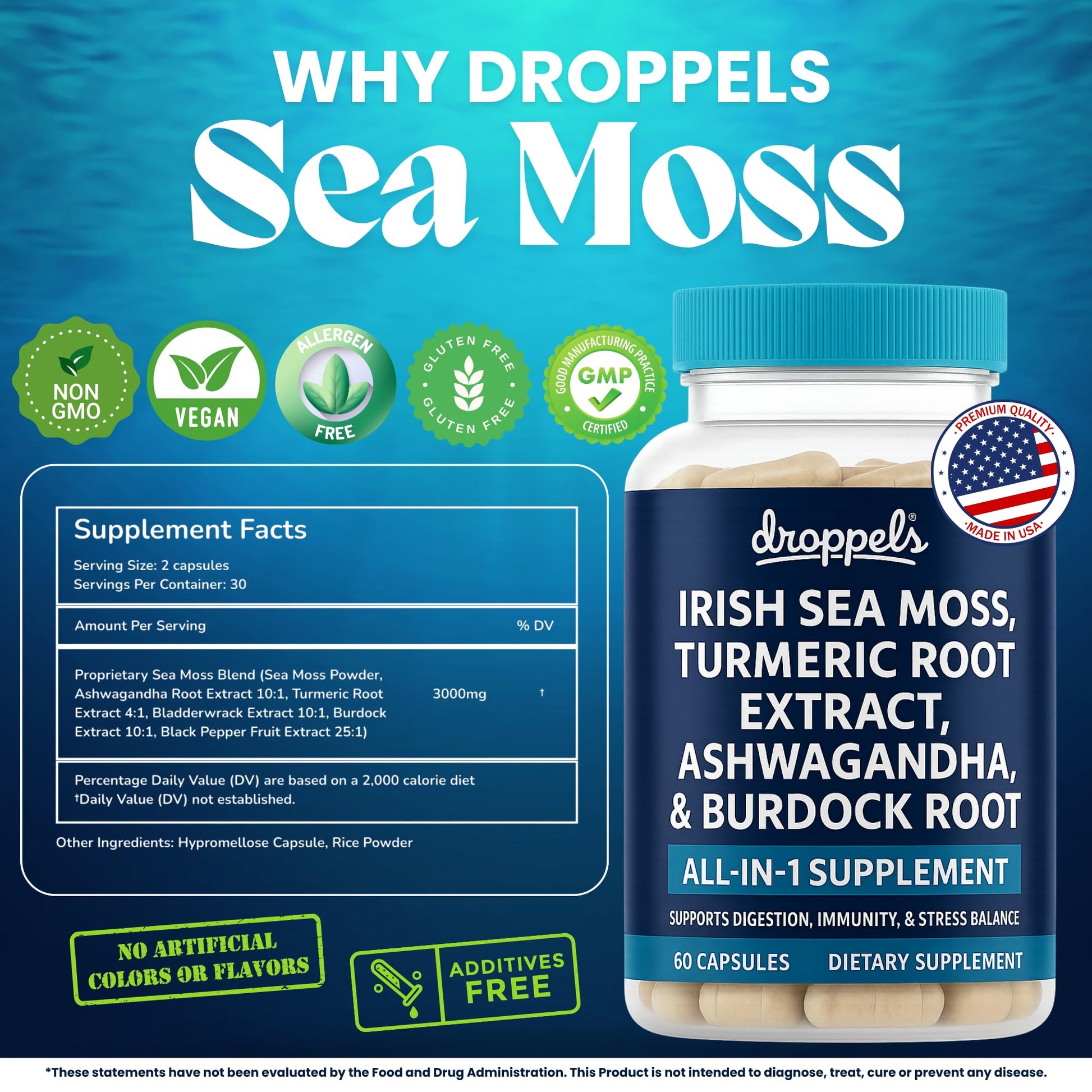 Droppels Irish Sea Moss Capsules with Turmeric Root, Ashwagandha, Black Pepper & Burdock Root – Natural Mineral Blend for Immune, Digestion, Joint & Energy Support – Vegan, Non-GMO – 60 Capsules Droppels uk supplements