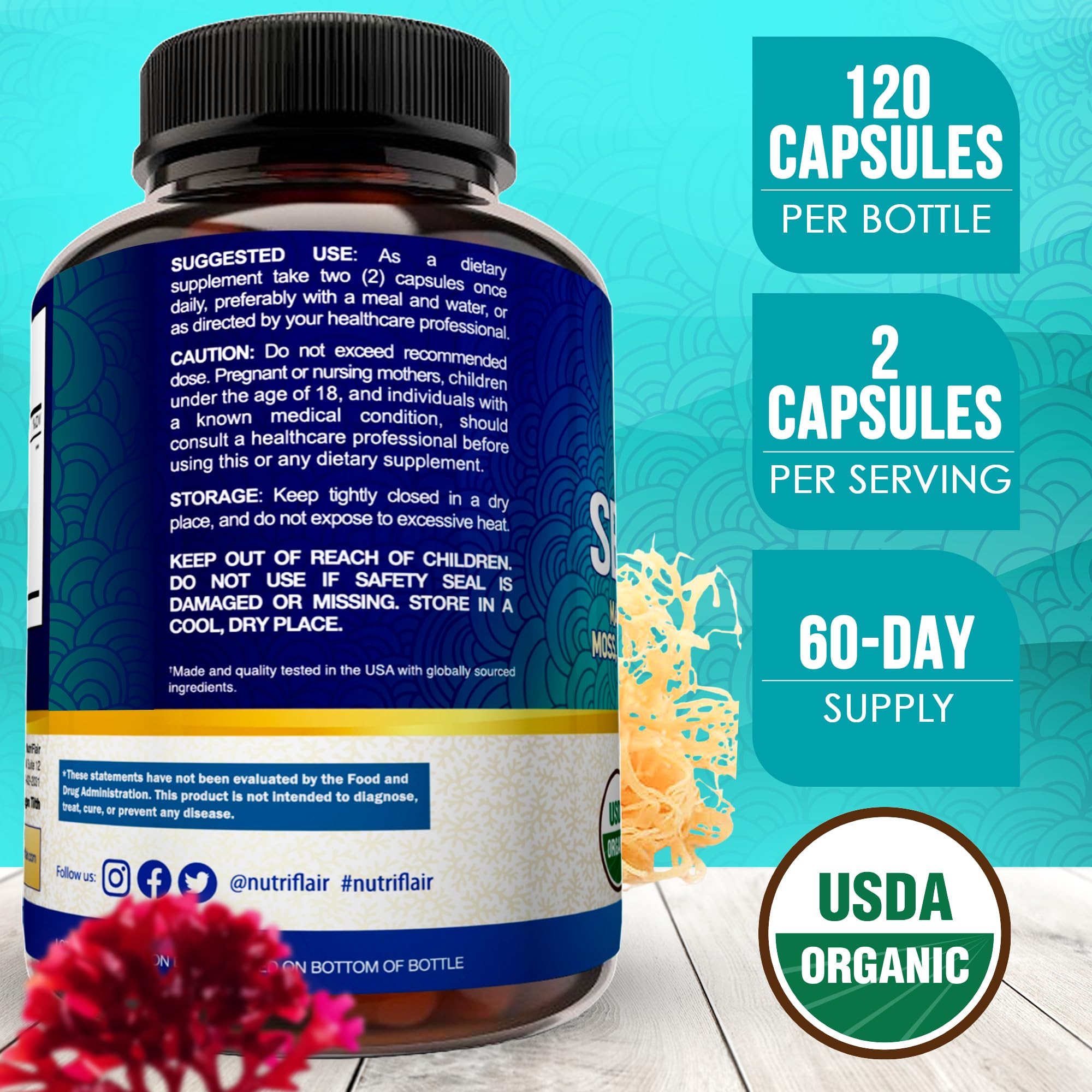 NutriFlair Organic Sea Moss 1600mg, 120 Capsules Plus Bladderwrack & Burdock - Prebiotic Super Food - Immune System & Digestive Health - Thyroid, Healthy Skin, Keto Detox, Gut NutriFlair uk supplements