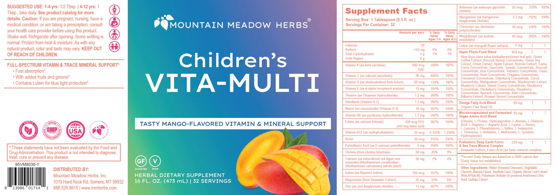 Mountain Meadow Herbs Children's Vita-Multi: Blended Vitamin & Mineral Supplement - Fast Absorbing Liquid Kids Vitamins with Fruits, Greens, and Eye-Protecting Lutein (16 oz.) Mountain Meadow Herbs uk supplements