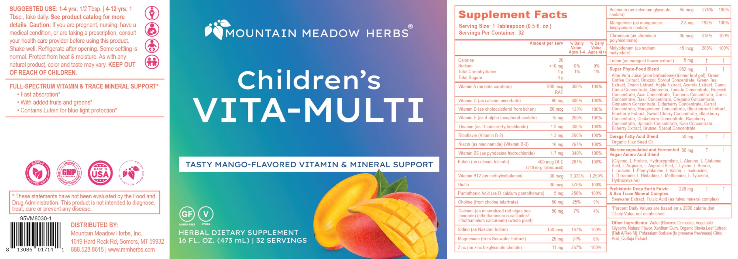 Mountain Meadow Herbs Children's Vita-Multi: Blended Vitamin & Mineral Supplement - Fast Absorbing Liquid Kids Vitamins with Fruits, Greens, and Eye-Protecting Lutein (16 oz.) Mountain Meadow Herbs uk supplements