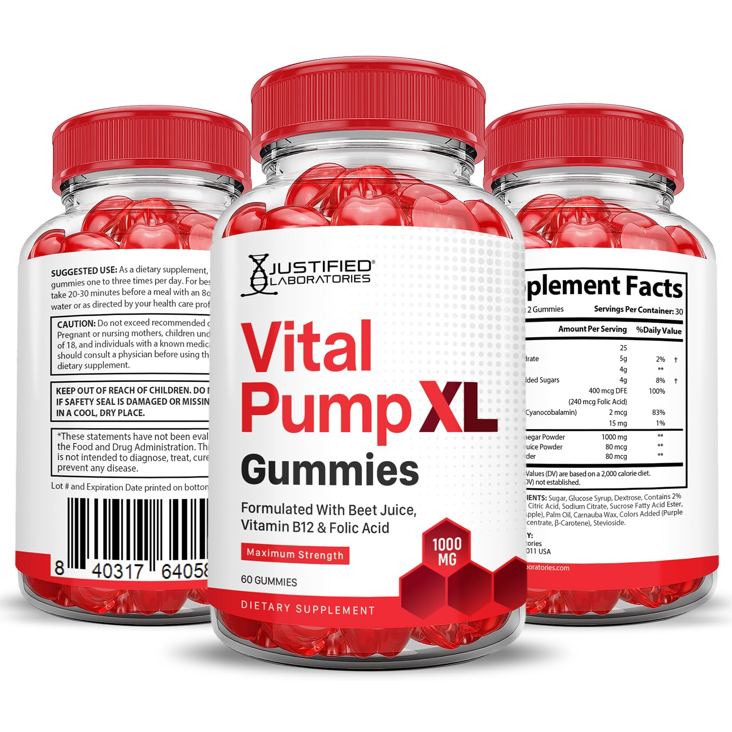 Justified Laboratories (3 Pack) Vital Pump XL Performance Gummies 1000MG Advanced Formula Vital PumpXL Formulated with Beet Juice ACV Pomegranate Beet Powder B12 Vegan Non GMO 180 Gummys Justified Laboratories uk supplements