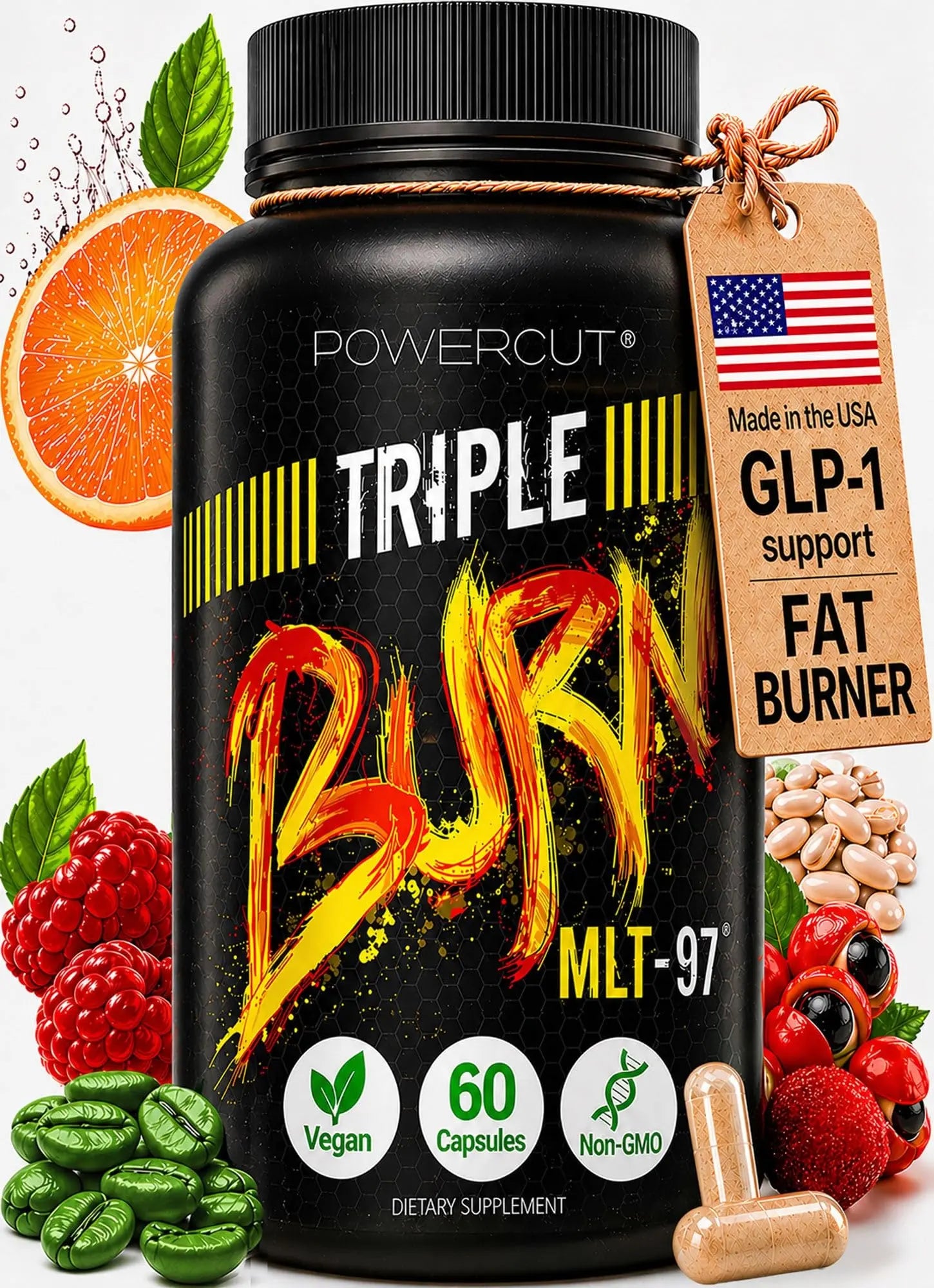 Triple Burn  Pills for Women & Men, Fat Burner GLP-1 Support, Appetite Suppressant, Diet Pills with Green Coffee Extract & Cayenne (60 Capsules) powercut uk supplements