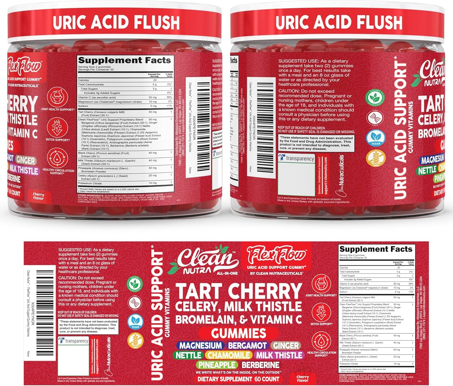 Clean Nutra Tart Cherry Gummies Uric Acid Flush Celery Milk Thistle Bromelain Vitamin C Magnesium Citrus Bergamot Ginger Stinging Nettle Leaf Chamomile Berberine Quercetin Support 60 Gummy Vitamins Clean Nutraceuticals uk supplements