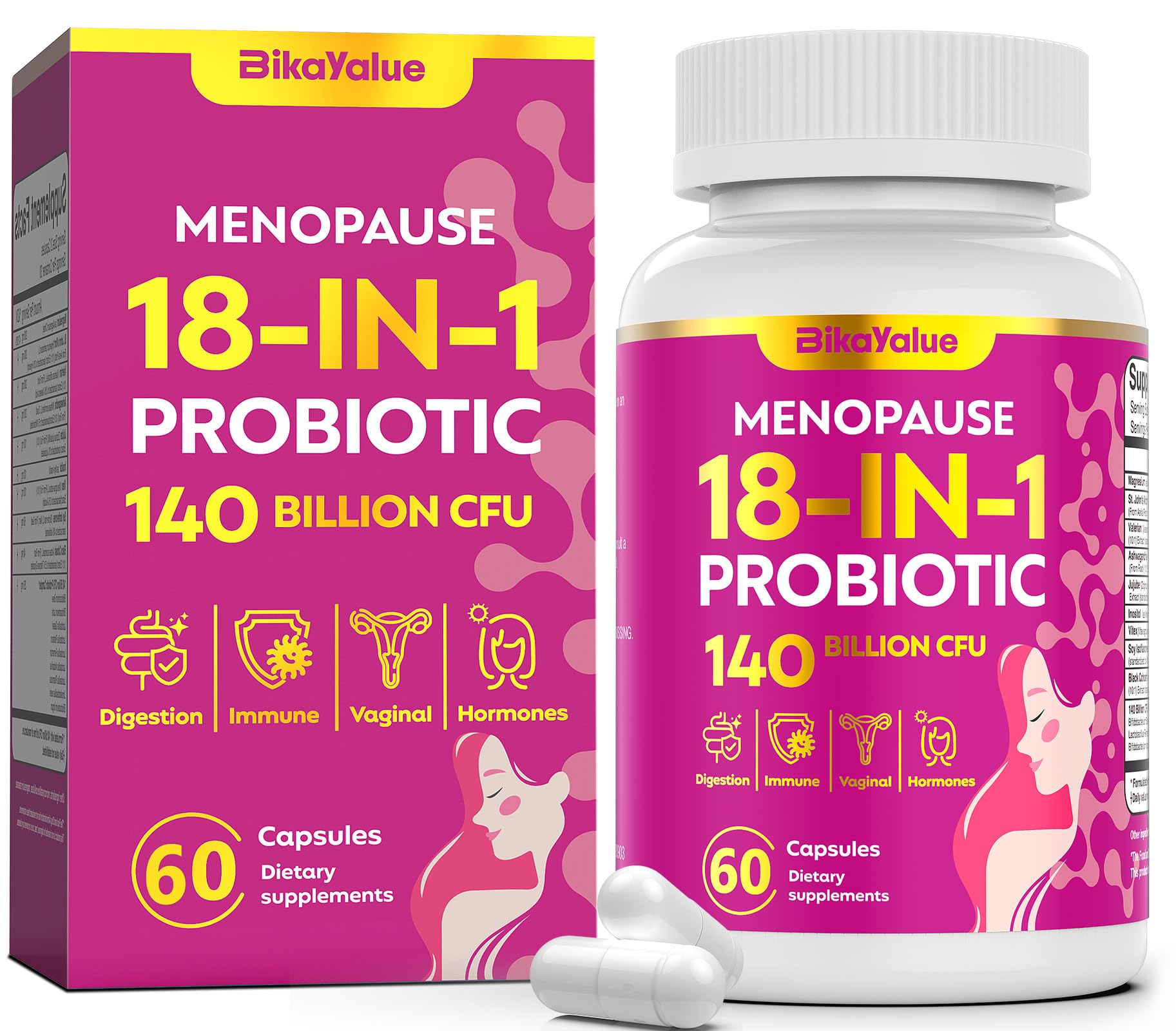 Menopause Supplements for Women, 140 Billion CFU Probiotics, 18-in-1 Menopause Relief with Magnesium, Black Cohosh, Inositol, Hormone Harmony for Women, Night Sweats, Mood Swings, Immunity - 60 Caps BIKAYALUE uk supplements