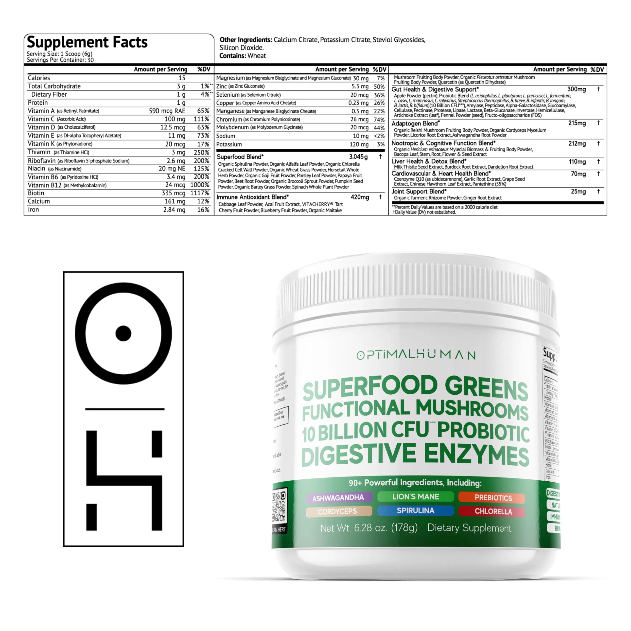 Optimal Human Superfood Greens Powder – 90+ Ingredient Blend with Lion’s Mane Supplement, Ashwagandha & Turmeric O H uk supplements