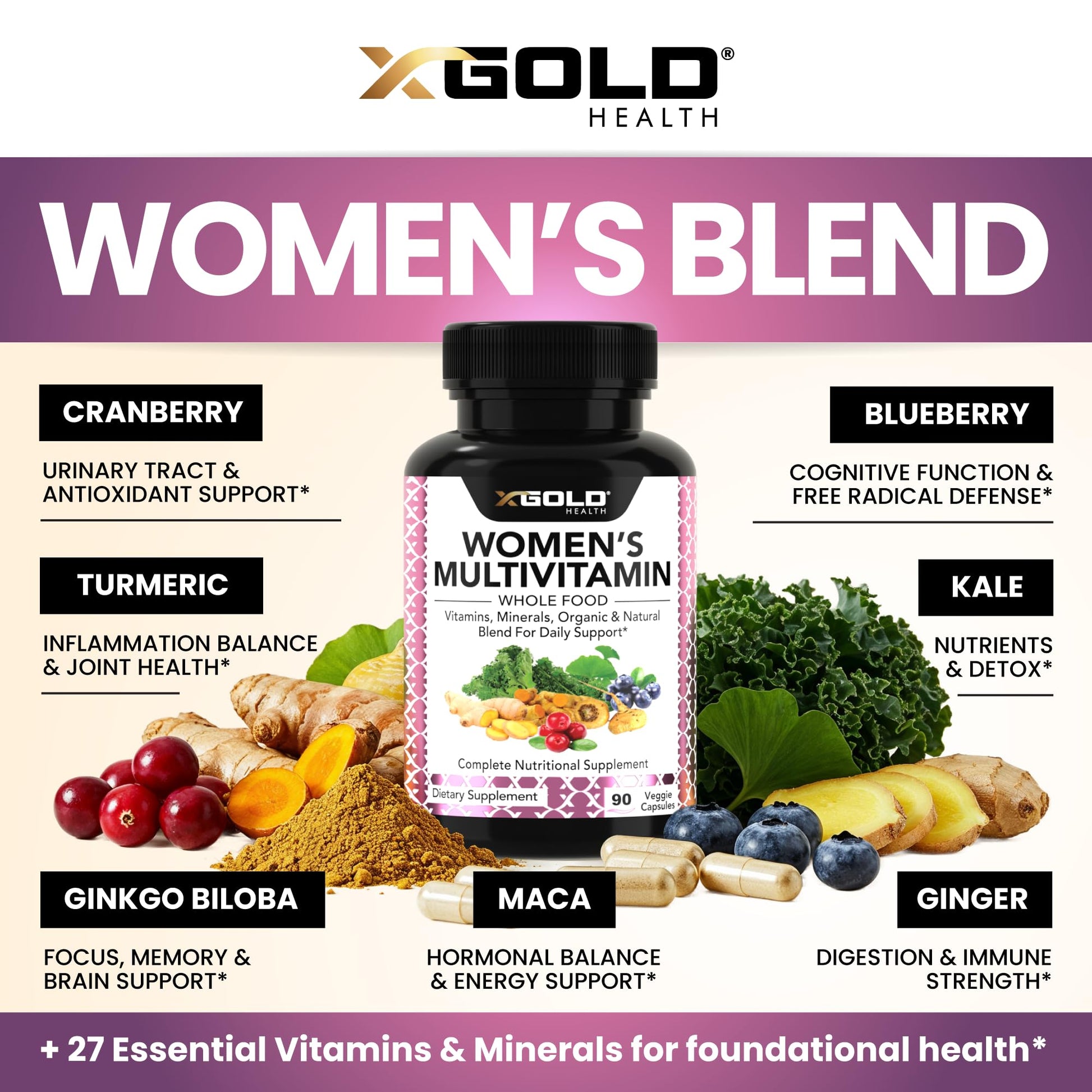 Vegan Women's Daily Multivitamin 50 Plus with Organic WholeFood Based Natural Ingredients, Ginger, Maca, Multi-Vitamin B Complex & More X Gold Health uk supplements