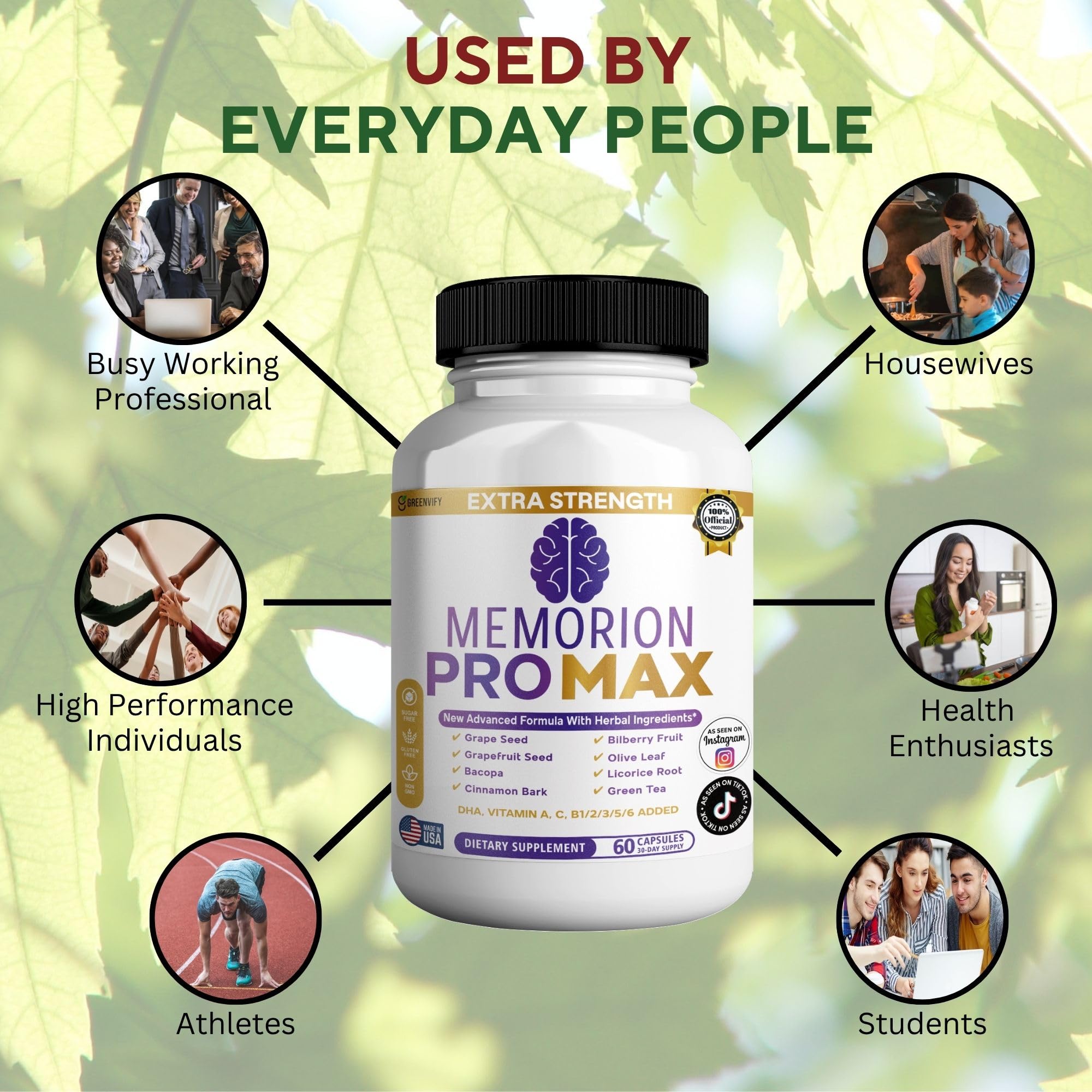 GREENVIFY Memorion Pro Max Extra Strength Brain Support Supplement, 60 Capsules, with DHA, Vitamins, Herbal Blend, 30-Day Supply (1) GREENVIFY uk supplements