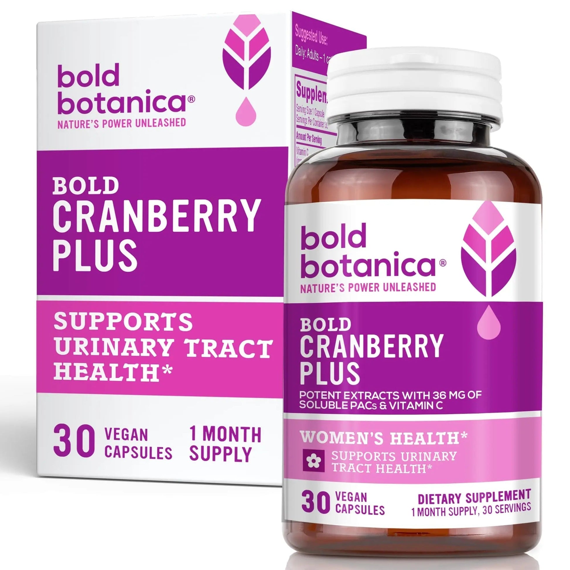 Bold Cranberry Plus Capsules - 100% Soluble 36mg PACs - Cranberry Pills for Women & Men with Urinary Tract Support, Non-GMO Vitamin C — 30 Vegan Capsules, 1 Month Supply Bold Botanica uk supplements