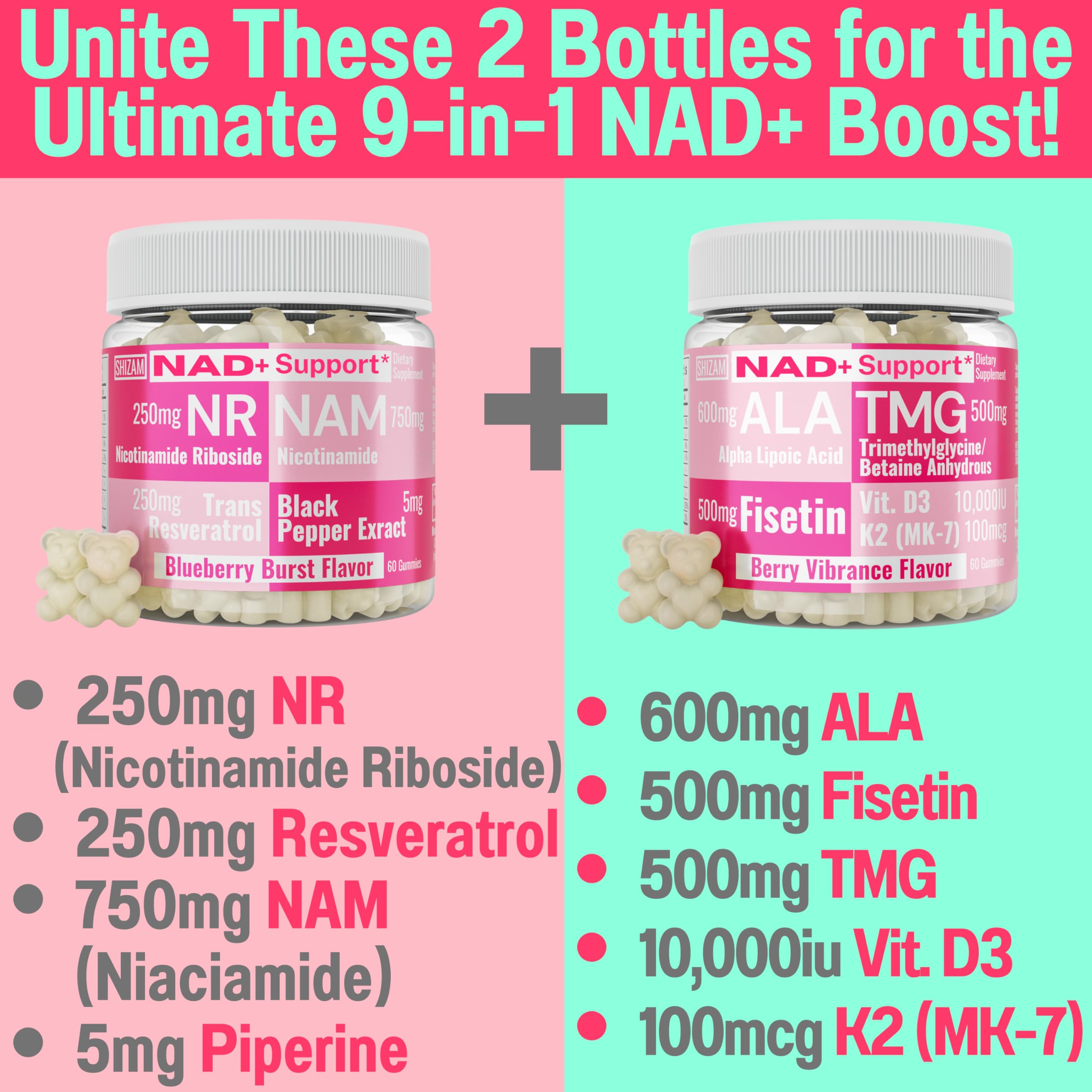 SHIZAM TMG Betaine Alpha Lipoic Acid ALA D3 Fisetin Gummies, Tri-Methylglycine trimethylglycine R-Alpha NAD+ Plus + HCL Supplements, Mitochondrial Senolytic Activator, NR Capsules Powder 600mg 1000mg SHIZAM uk supplements