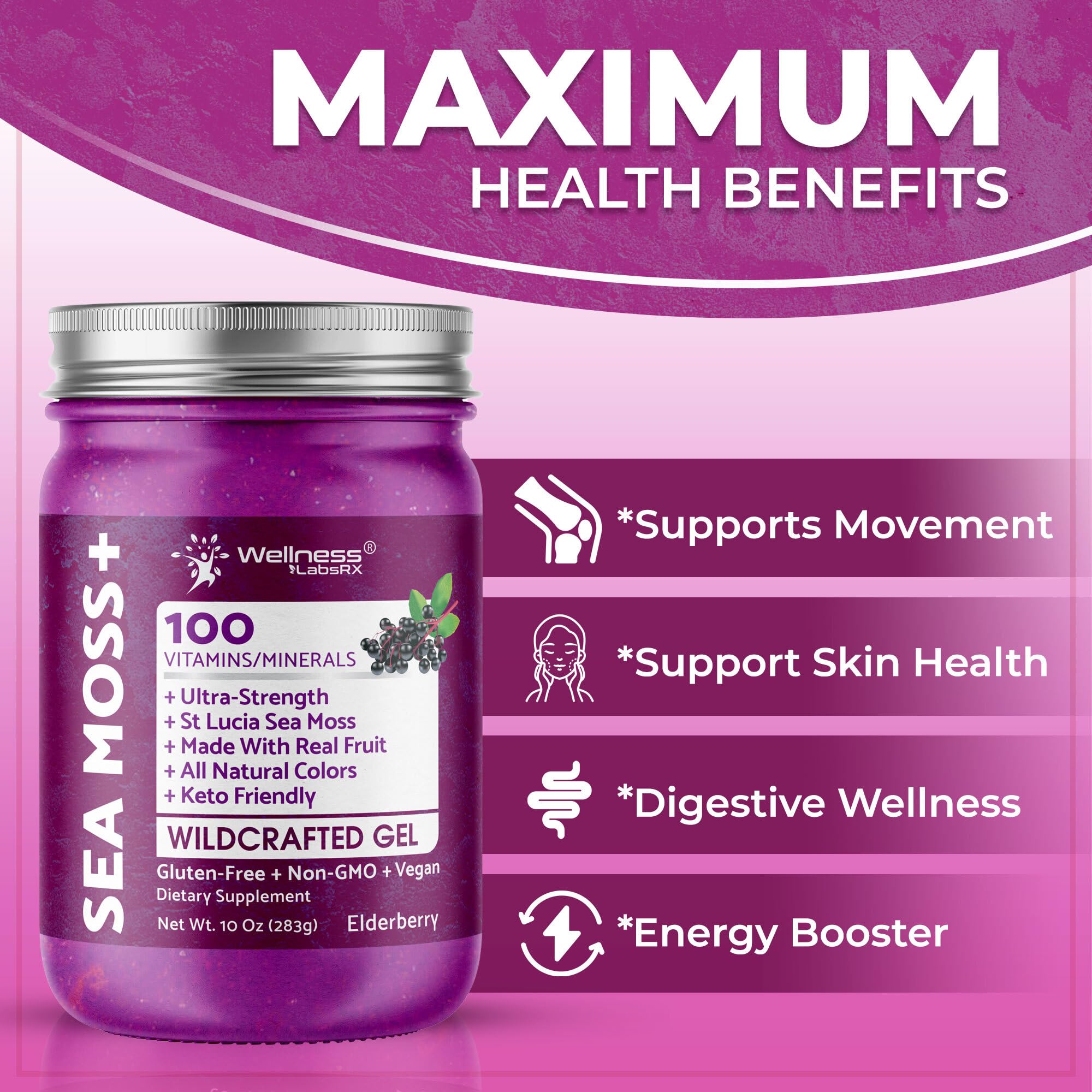 WELLNESS LABSRX Irish Sea Moss Gel Raw - Wildcrafted Superfood Seamoss Gel - Elderberry Flavor, Vitamin and Mineral-Rich from Pristine Caribbean Waters, Immune and Digestive Health Support - 10 oz. WELLNESS LABSRX uk supplements