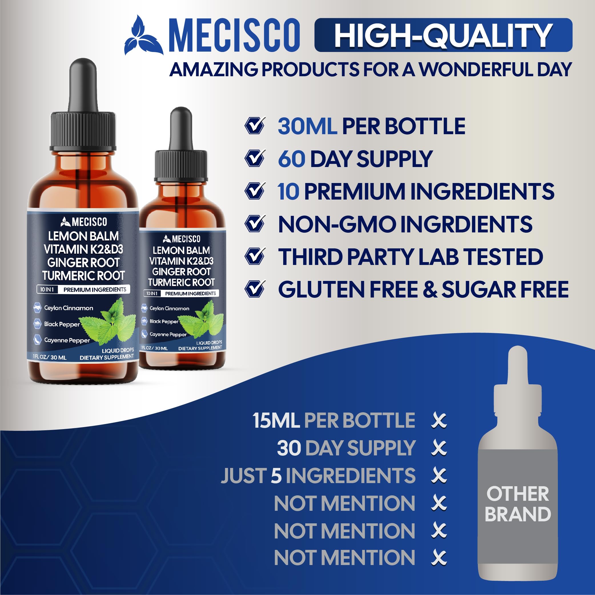 10in1 Lemon Balm Liquid Drops Blend Includes Vitamin D3, Vitamin K2, Lemon Balm, Ginger, Turmeric, Ceylon Cinnamon, Black Pepper, Cayenne Pepper, Berberine, Valerian Root - 1 FL Oz - 2 Month Supply Mecisco uk supplements