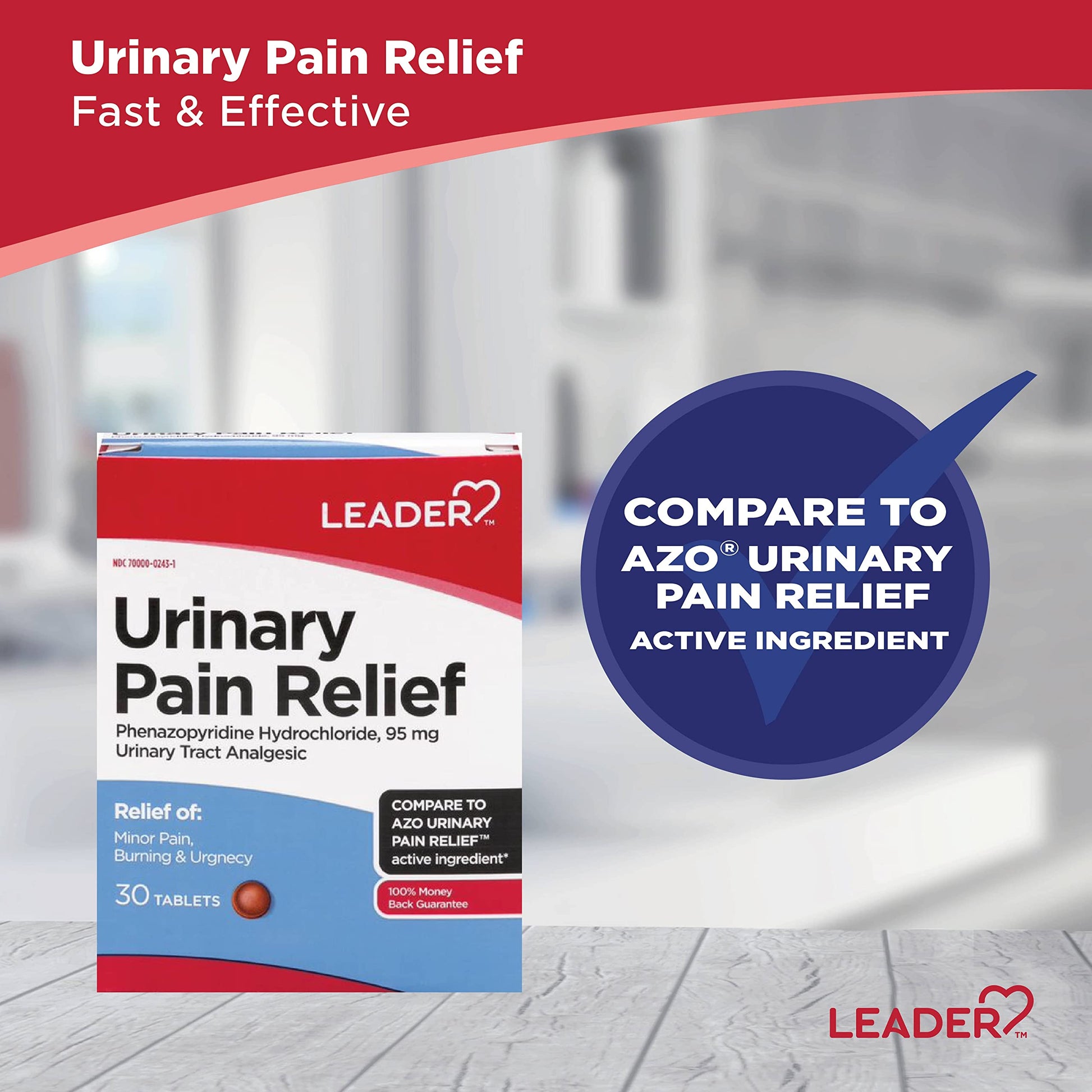 LEADER Urinary Maximum Strength, Fast Action for Burning & Urgency, Phenazopyridine Hydrochloride 95 mg, 30 Tablets, 4-Pack Leader uk supplements