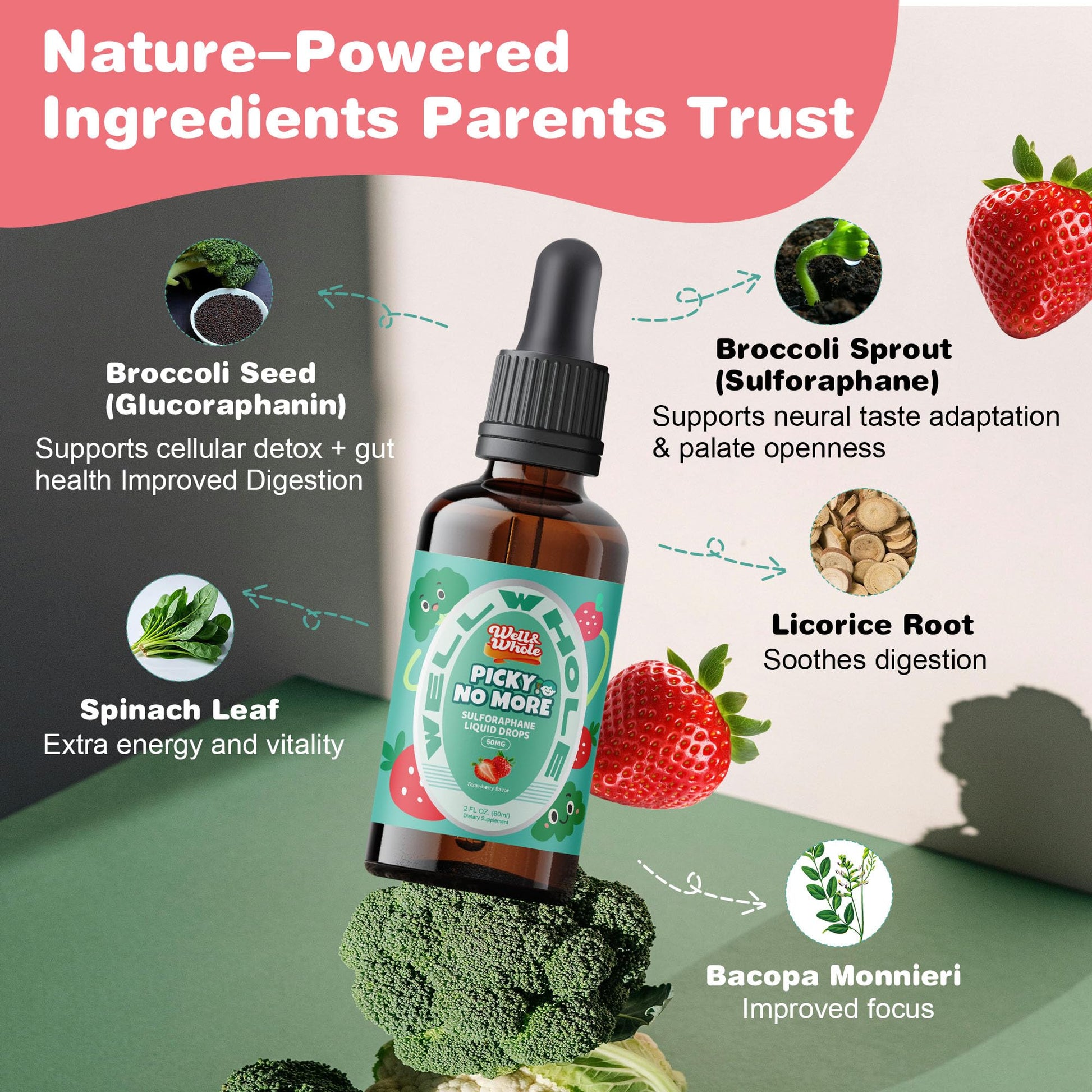 Well&Whole Sulforaphane Kids Liquid Supplement – Pick No More Broccoli Sprout Extract Drops, Hidden Greens for Picky Eaters, Daily Nutrition Support, Sugar-Free, Vegan, 60mL Well&Whole uk supplements