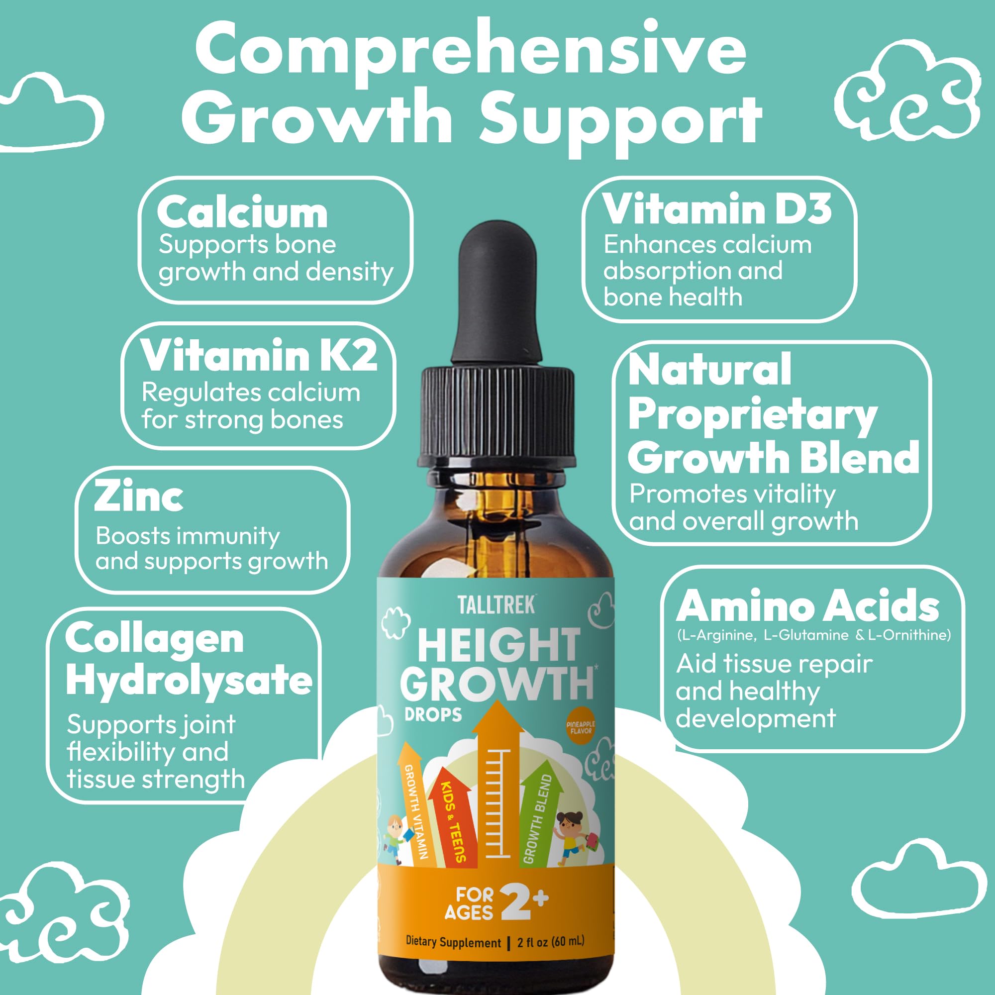 TallTrek Height Growth Supplement Drops for Kids - Teens Bone Growth Height Increase and Maximizer Immune Health Drops with Vitamins D3 K2 Zinc & Calcium - Gluten Free Vegan Pineapple Flavor TallTrek uk supplements
