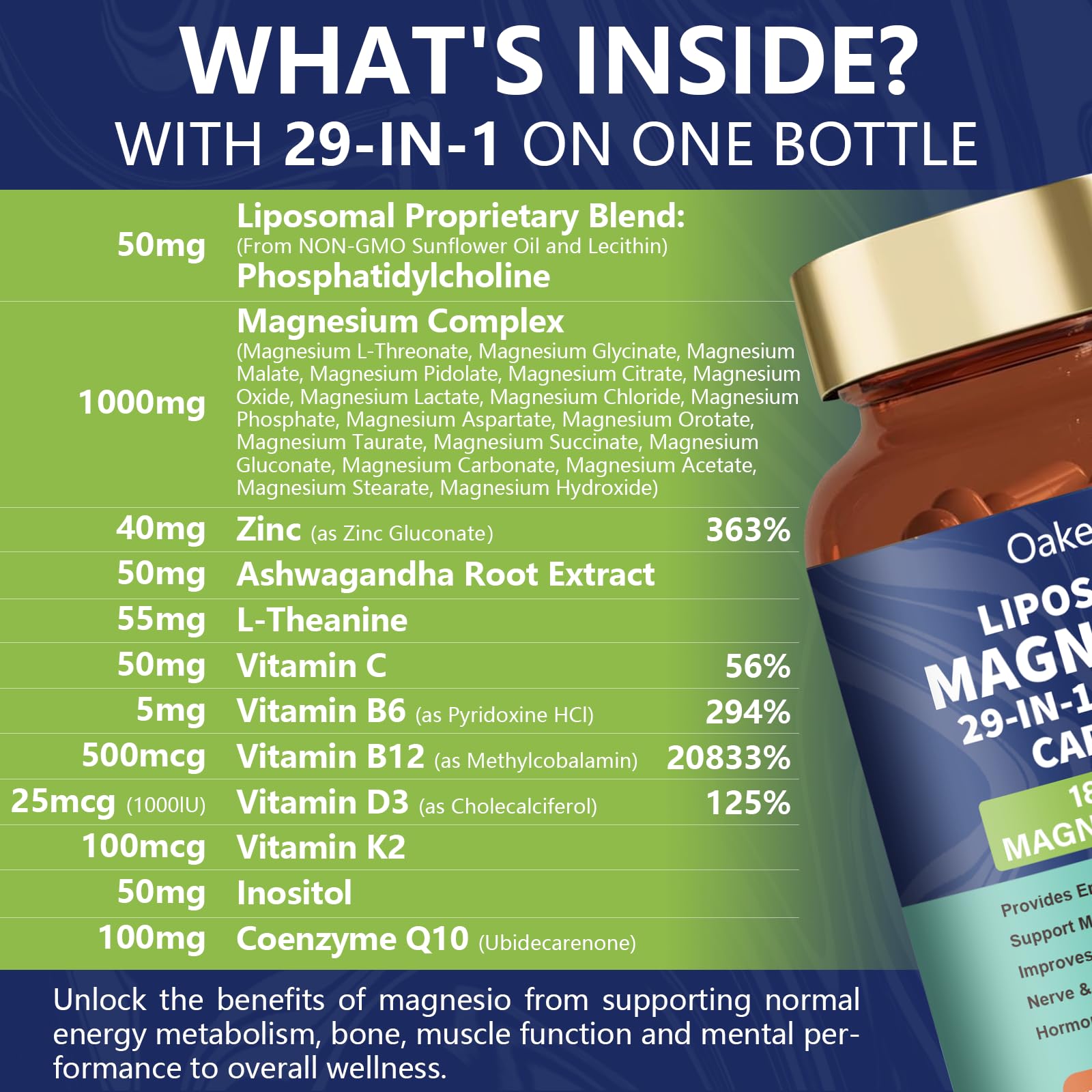 29-in-1 Liposomal 18 Active Types Magnesium Complex 1400MG Capsule,L-Threonate Glycinate Malate etc,Mild & Efficient,Extra Vitamin B6 B12 D3K2 & CoQ10, Relaxation Nerve* & Hert* Support Oakevlp uk supplements