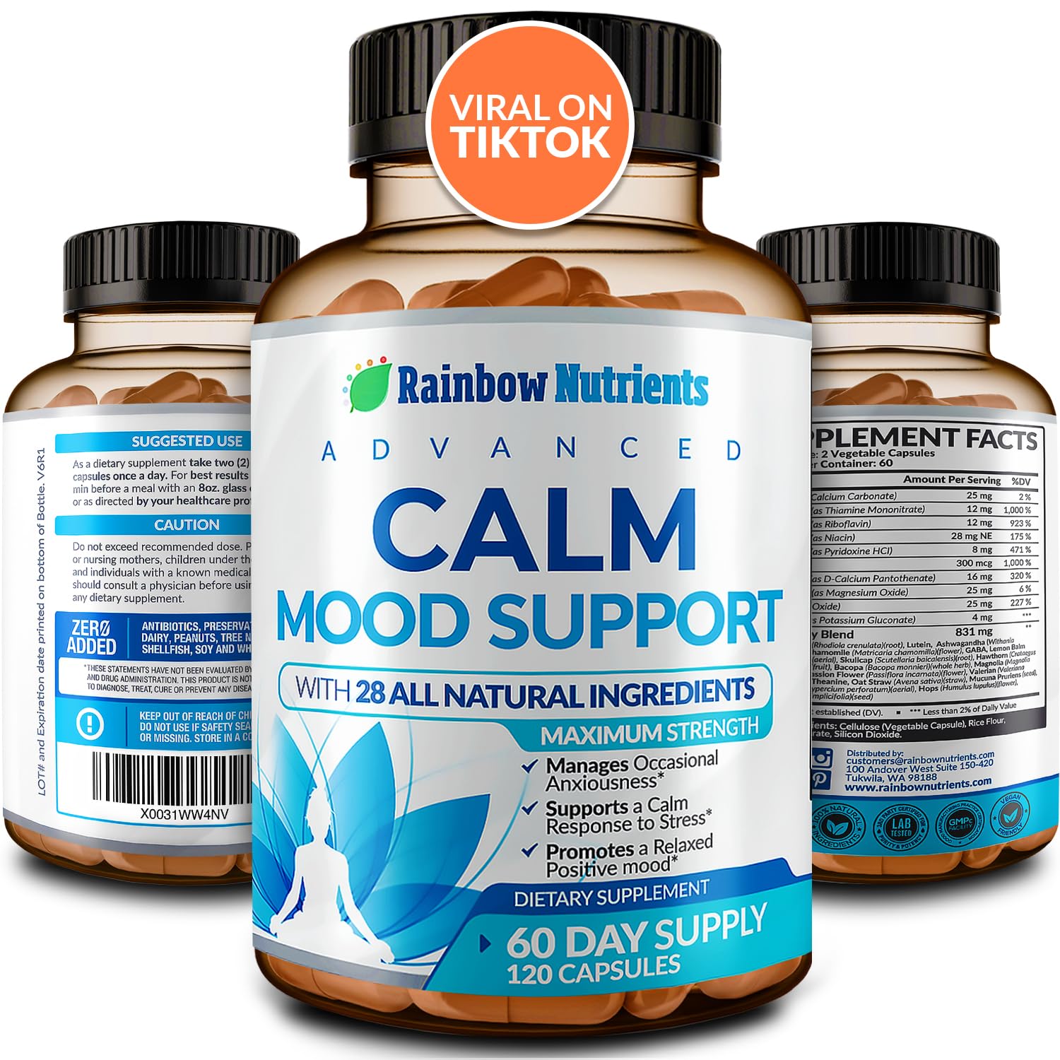 28 in 1 Calm Mood Support Supplement- Natural Happy Pills for Occasional Anxiousness & Stress, Worry feelings, Relaxation, Mental Clarity | Max Sleep & Mood Support for Women & Men|120 Vegan Capsules Rainbow Nutrients, LLC uk supplements