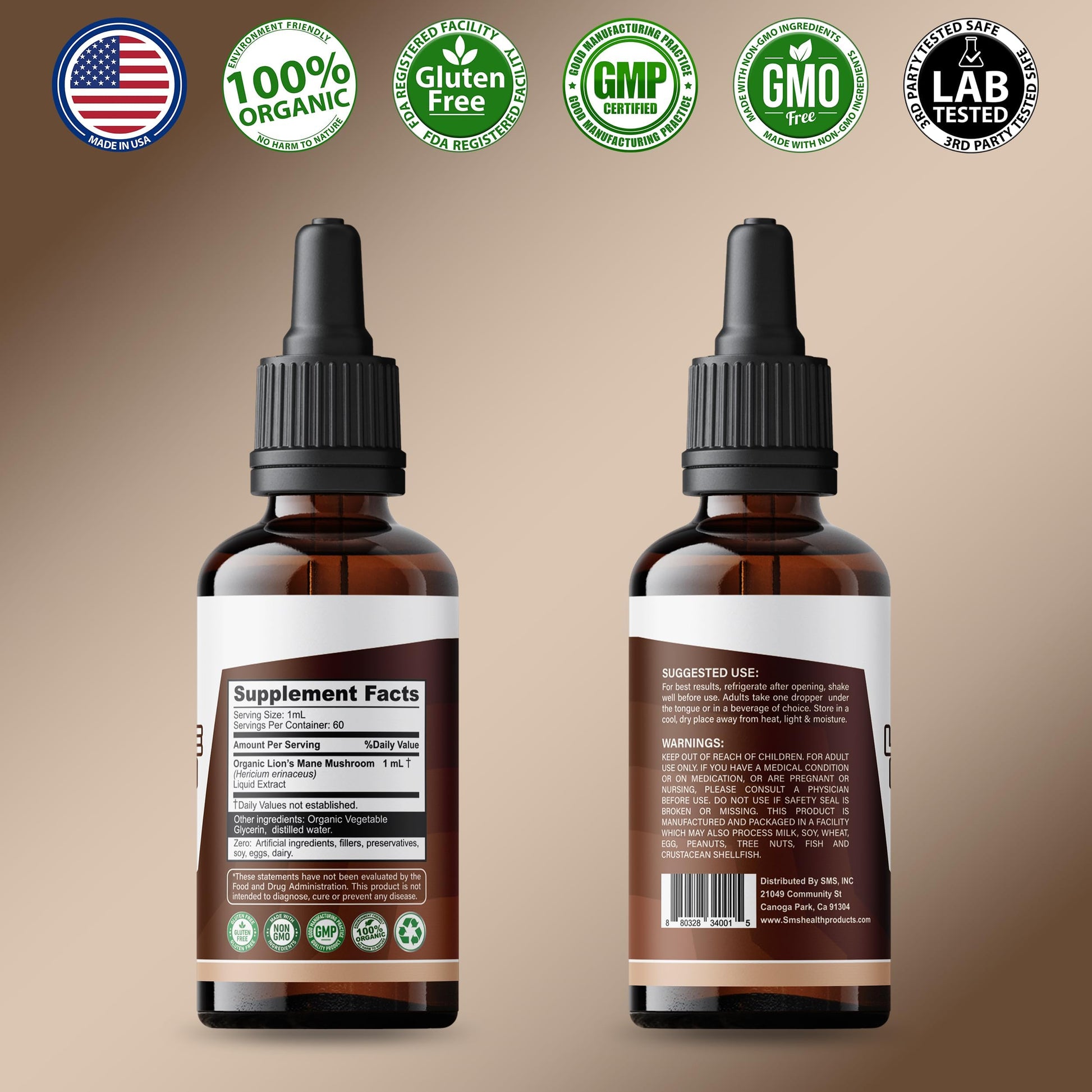 Lion's Mane Mushroom Drops Supplement, Lions Mane Tincture, Natural SMSHEALTHPRODUCTS.com uk supplements