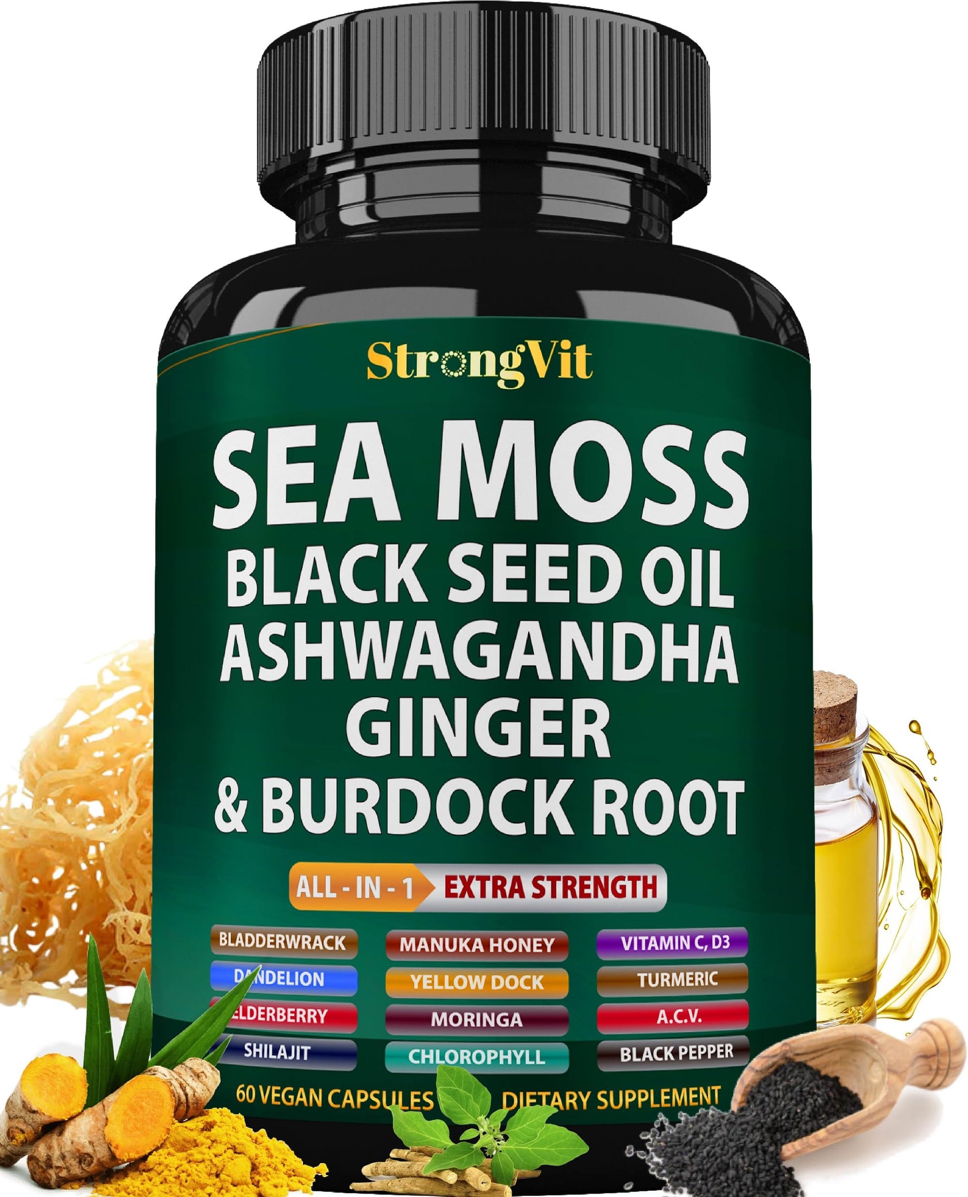 StrongVit Sea Moss Black Seed Oil Ashwagandha Ginger, Organic Sea Moss Capsules with Burdock Root, Irish Seamoss Pills with Bladderwrack, Advanced Multimineral Supplement, USA StrongVit uk supplements