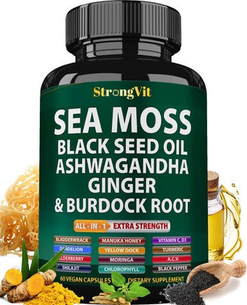 StrongVit Sea Moss Black Seed Oil Ashwagandha Ginger, Organic Sea Moss Capsules with Burdock Root, Irish Seamoss Pills with Bladderwrack, Advanced Multimineral Supplement, USA StrongVit uk supplements