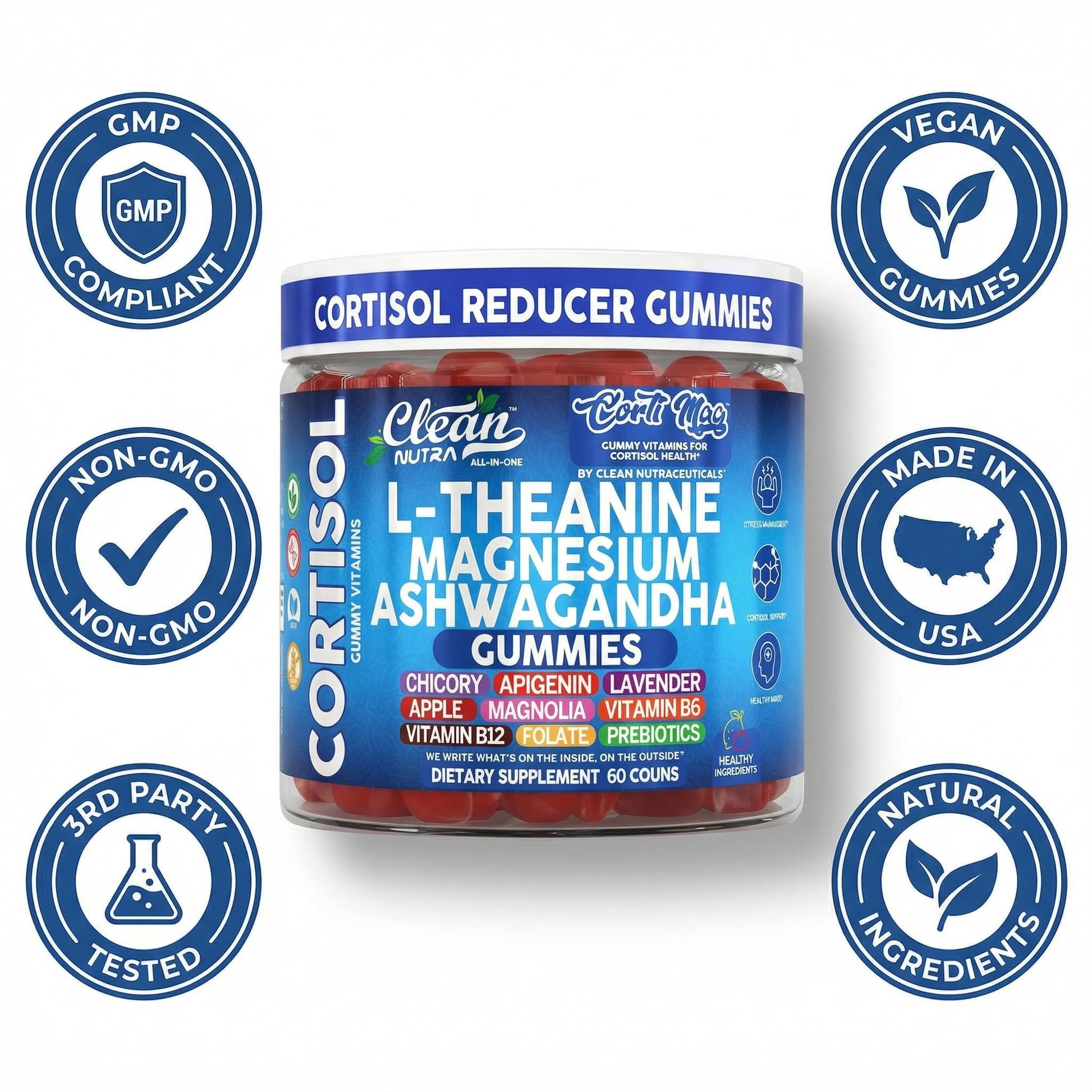 Clean Nutra Cortisol Supplement Gummies L-Theanine Magnesium Ashwagandha Apigenin Vitamin B6 Sleep and Calm Support Lavender Chicory Prebiotic Advanced Gummy Formula Clean Nutraceuticals uk supplements