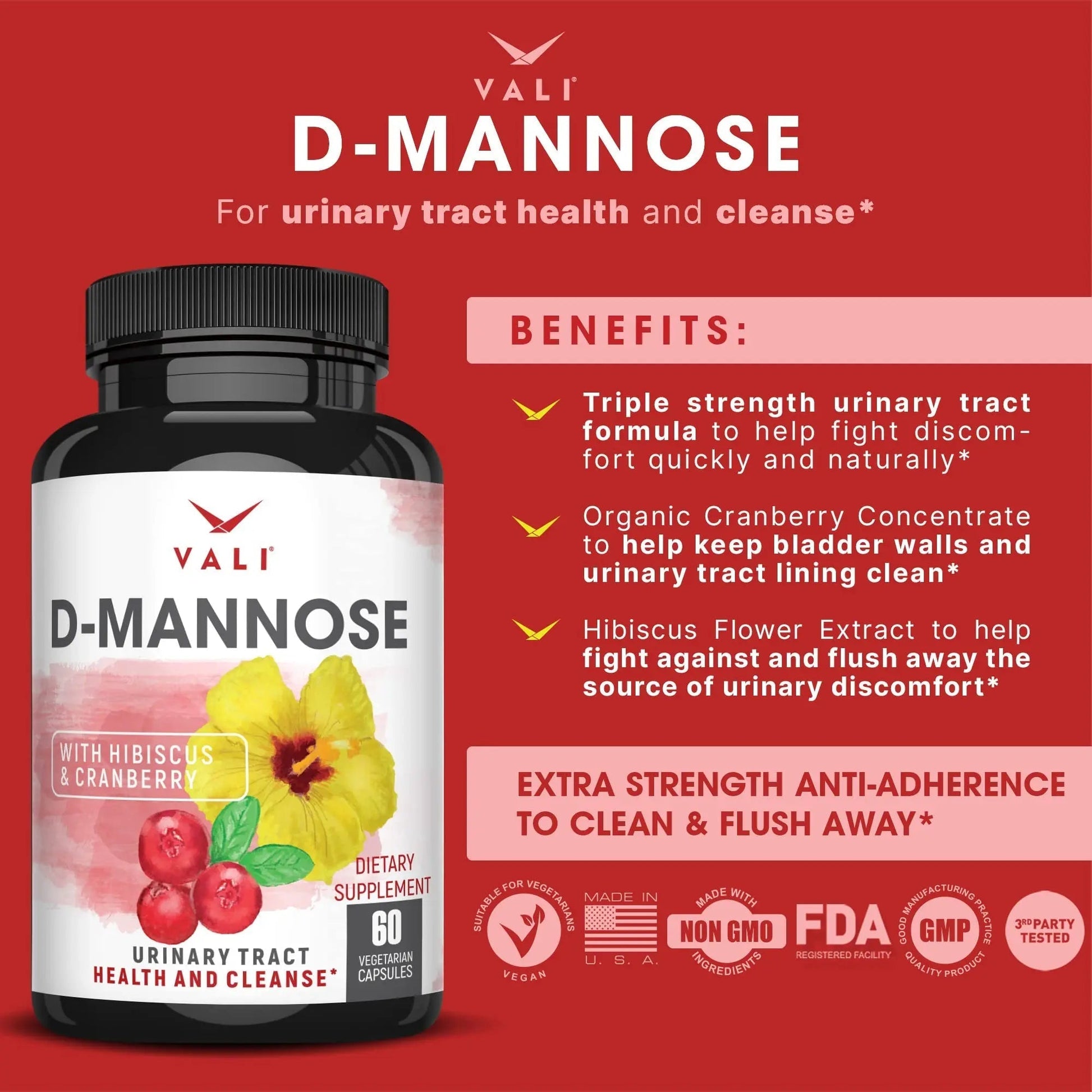 VALI D-Mannose 1000mg Urinary Tract Health Formula. Organic Cranberry Fruit Powder & Hibiscus. Healthy Bladder, Natural Cleanse, Fast Detox Flush, Herbal UT Function Support Pills. 60 Veggie Capsules VALI uk supplements