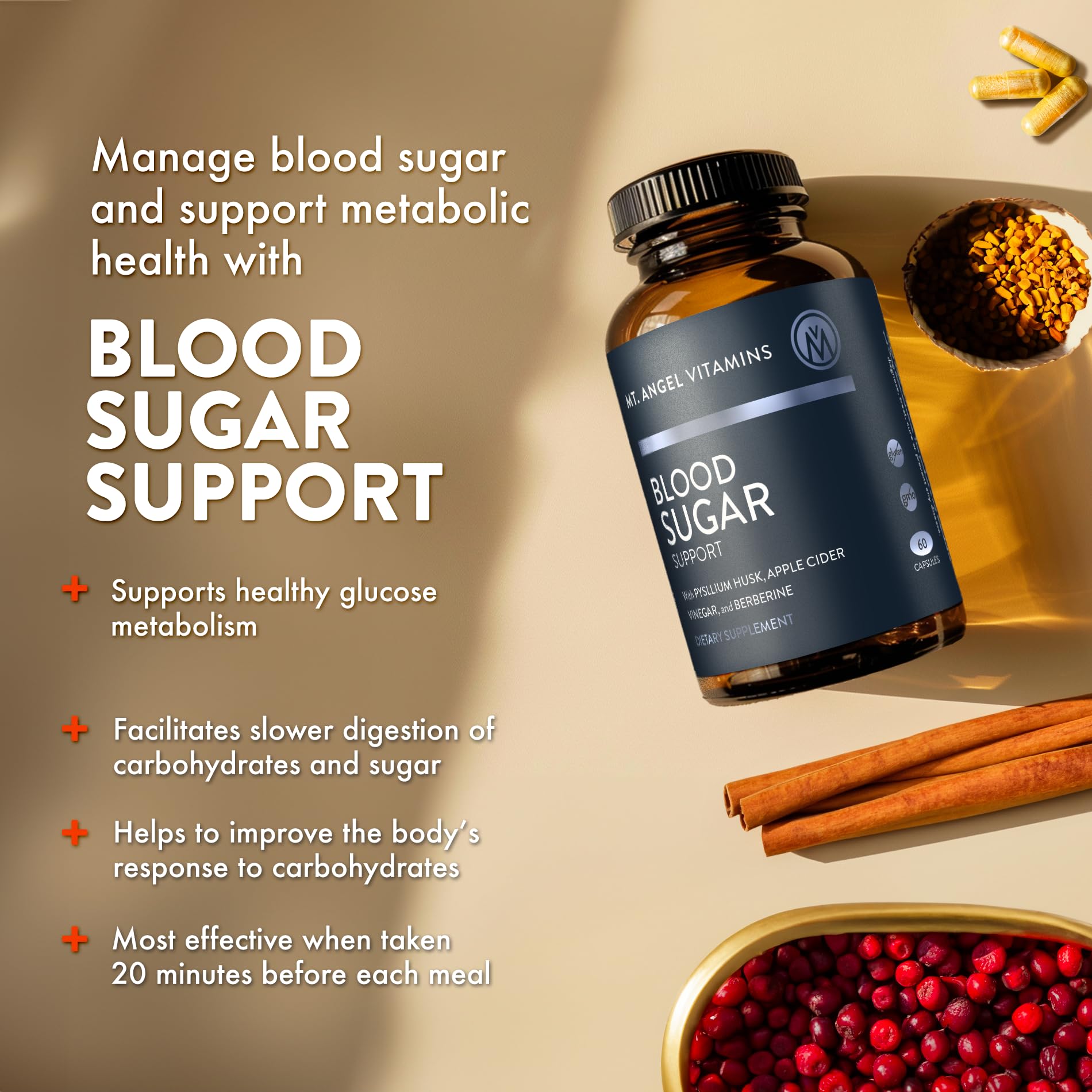 Mt. Angel Vitamins Blood Sugar Support Supplement - Natural Supplement with Pysllium Husk, Berberine with Ceylon Cinnamon, and Apple Cider Vinegar - Supports Healthy Blood Sugar Levels - 60 Capsules Mt. Angel Vitamins uk supplements