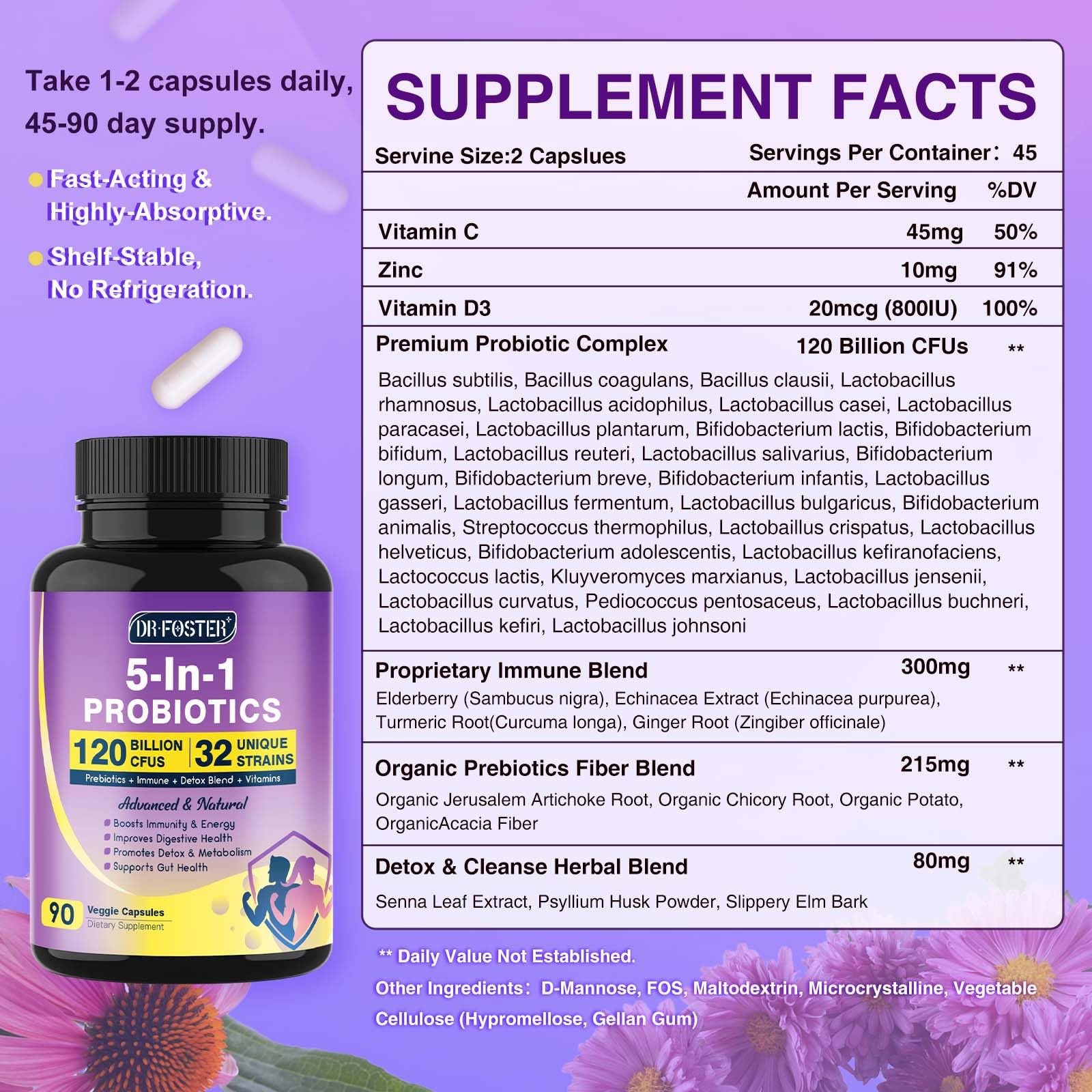 Probiotics for Women & Men Digestive Health，120 Billion CFUs, Prebiotics and Probiotics for Gut Health, D3, Zinc & Immune Support Herbs, Detox Cleanse, 45 Day - 3 Month Supply DRFOSTER uk supplements