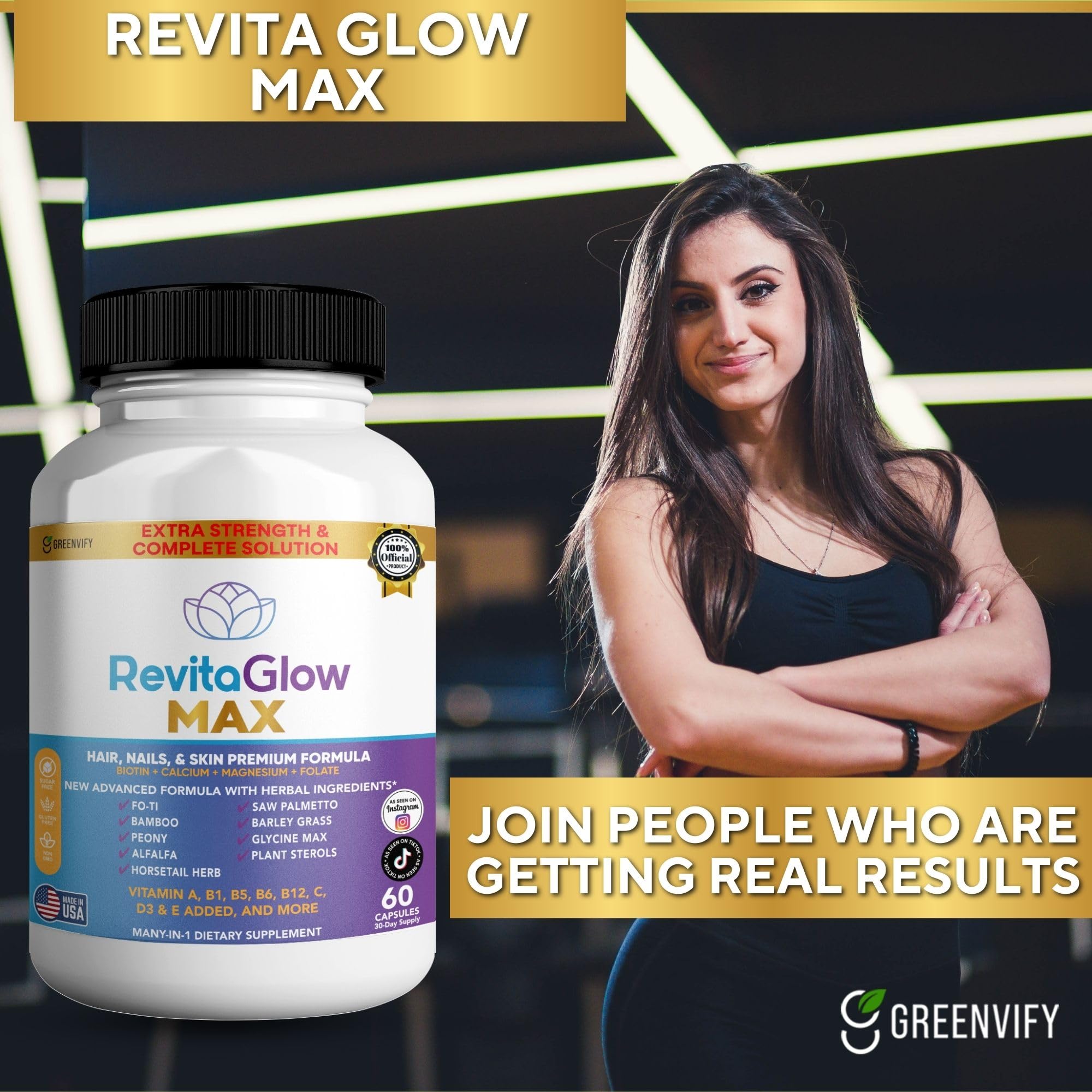 GREENVIFY RevitaGlow Max Hair, Nails & Skin Premium Formula, 60 Capsules, 30-Day Supply, with Biotin, Vitamins A, B1, B5, B6, B12, C, D3, E (1) GREENVIFY uk supplements