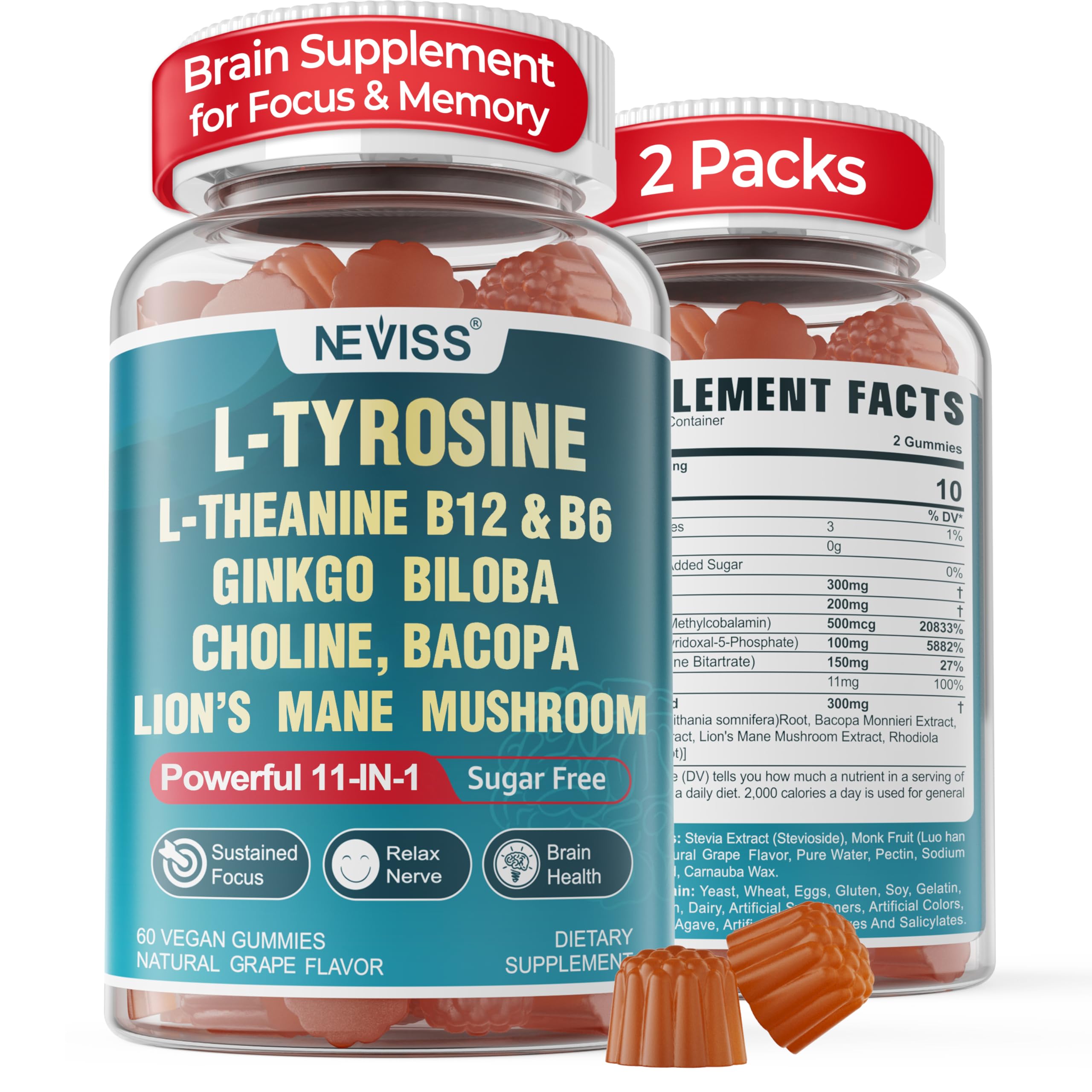 11-IN-1 Brain Supplement for Memory and Focus with L-Tyrosine L-Theanine, Methylated B12 & B6, Lion's Mane Mushroom, Ginkgo Biloba, Bacopa Monnieri, Choline for Focus, Nootropic, Energy, 2Packs NEVISS uk supplements