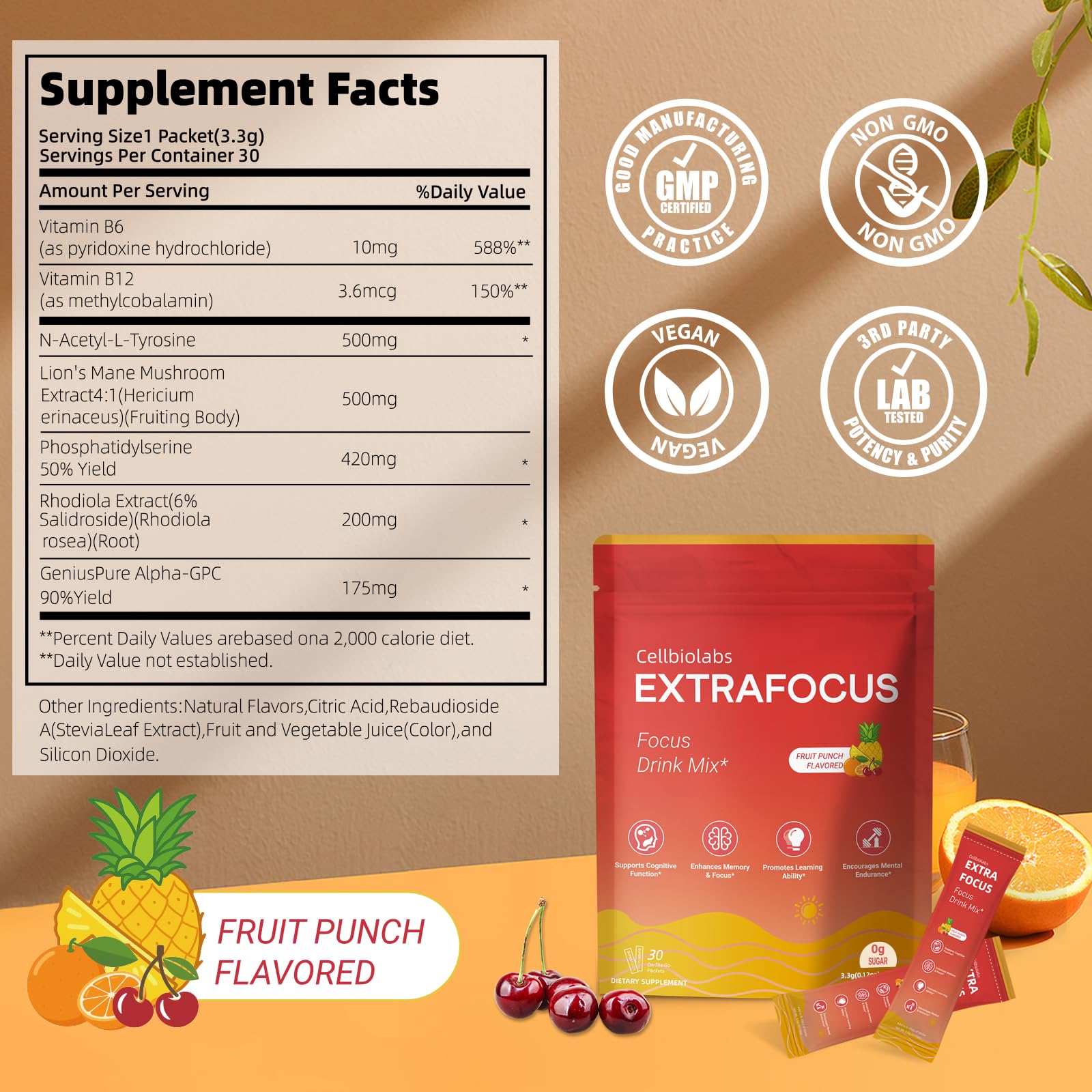 Nootropic Extra Focus Drink Mix, 30 Packs On-The-Go Sticks, Featuring Alpha-GPC, Lion's Mane & Rhodiola, Sugar-Free Packets Fruit Punch Clean Drink Mix Cellbiolabs uk supplements