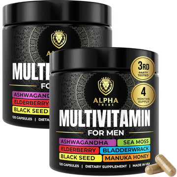 Alpha Tribe Multivitamin for Men with Sea Moss, Black Seed Oil, Ashwagandha, Turmeric, Bladderwrack, Burdock, Vitamin C, Elderberry, Manuka | Daily Vitamins & Minerals Supplement Capsules - 240 Count Alpha Tribe uk supplements
