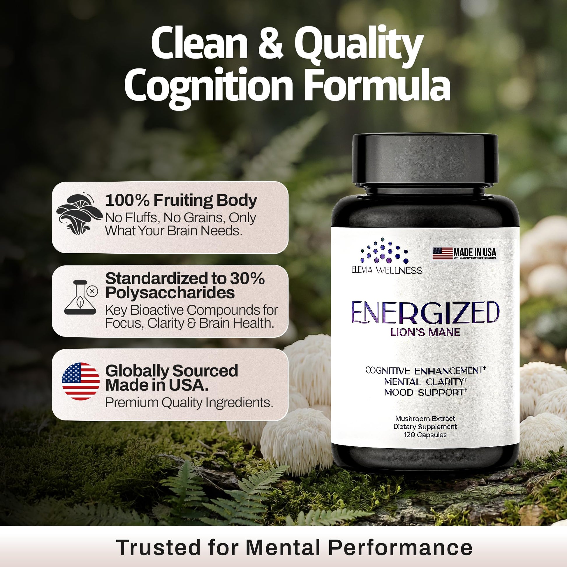 Energized Lions Mane Supplement Capsules (120ct),Brain Supplements for Memory and Focus, Nootropic for Brain Fog Relief Made in USA,30% Polysaccharides,Natural Brain Health Support Elevia Wellness uk supplements