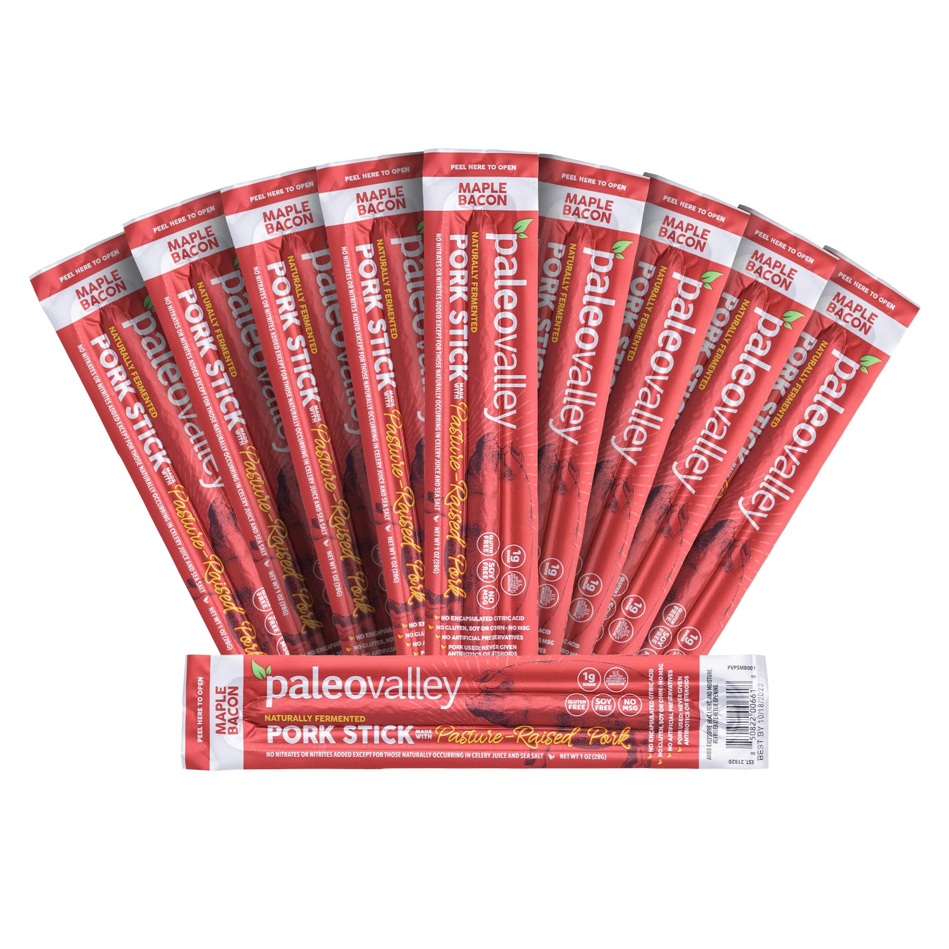 Paleovalley Pasture-Raised Pork Sticks - Maple Bacon Flavor Meat Sticks Individually Wrapped, 28g - 10 Sticks - Gluten-Free Protein Snack Paleovalley uk supplements