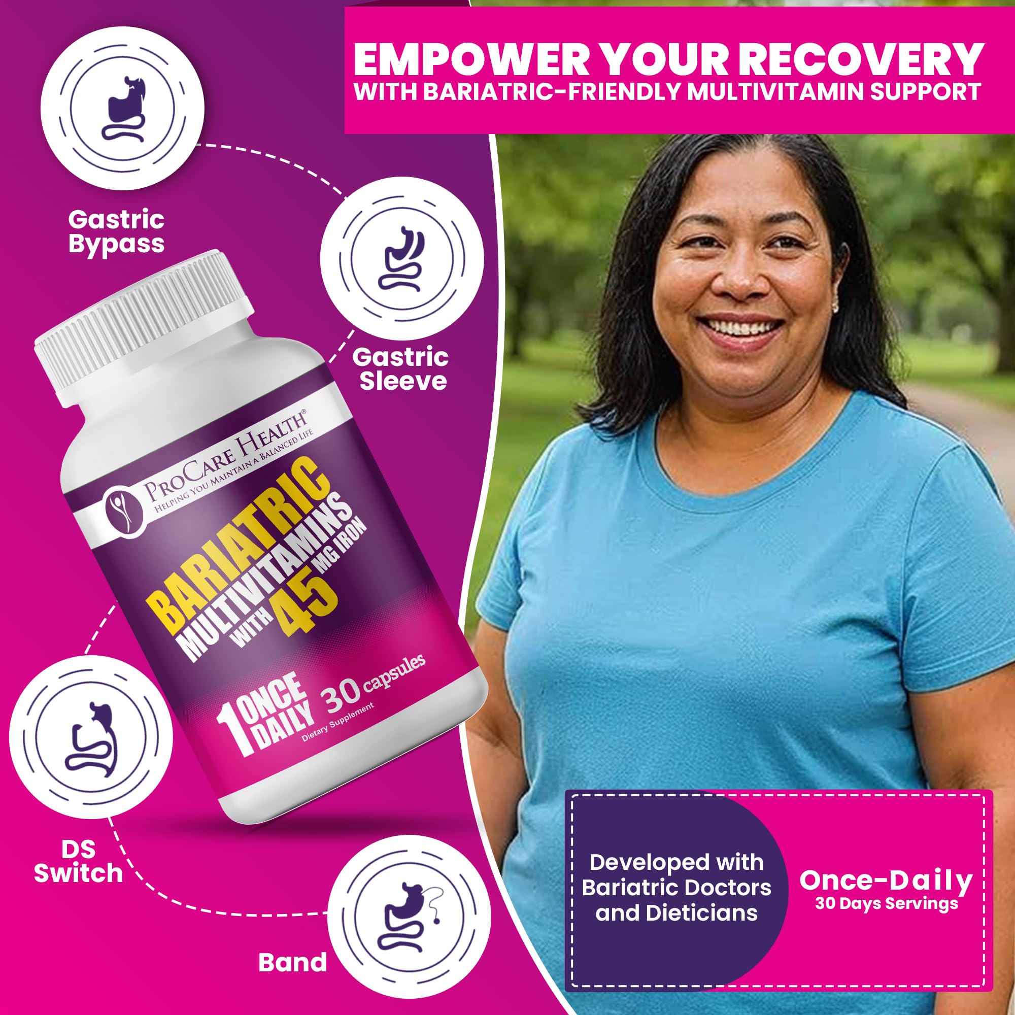 ProCare Health Bariatric Multivitamin with 45mg Iron (30 Easy to Swallow Capsules) - Once Daily Post-Op Support for Gastric Bypass ProCare Health uk supplements