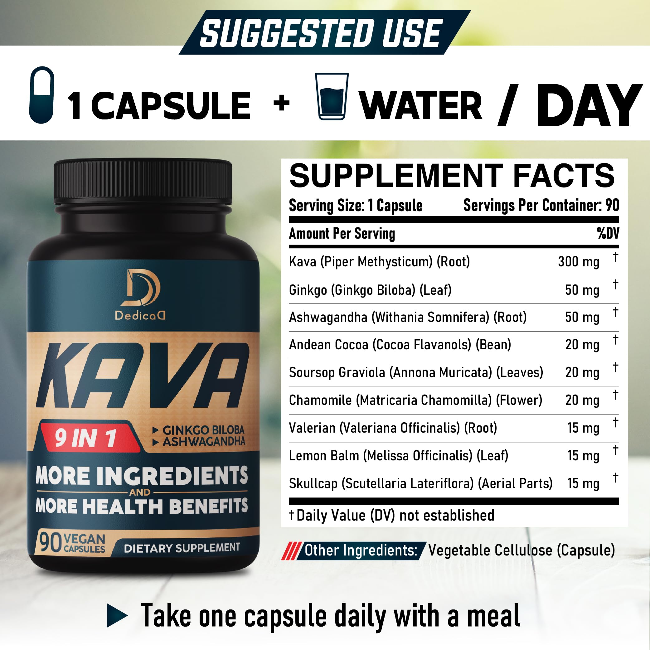 DEDICAD Kava Kava Capsules - 3 Month Supply - 9 Herbs with Ginkgo Biloba, Ashwagandha Root, Andean Cocoa, Graviola Leaf, Chamomile, Valerian, Lemon Balm & Skullcap - Support Mood & Immune - 90 Pills DEDICAD uk supplements