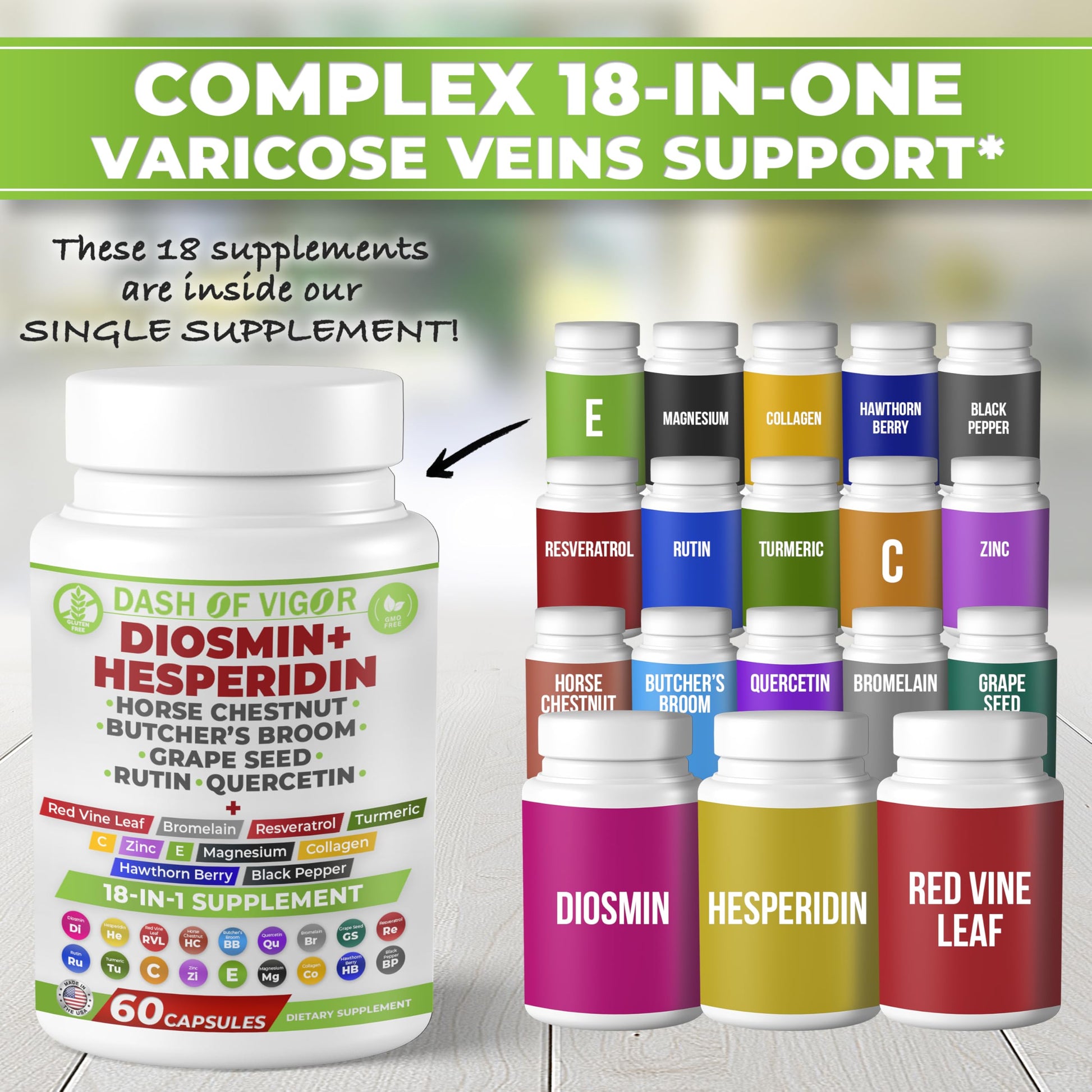 Dash of Vigor 18-in-1 Diosmin Hesperidin Supplement, Quercetin with Bromelain, Zinc, Vitamin C with Rutin Supplement, Horse Chestnut Extract, Butcher's Broom Extract, USA, 60 Capsules DASH OF VIGOR DOFV uk supplements