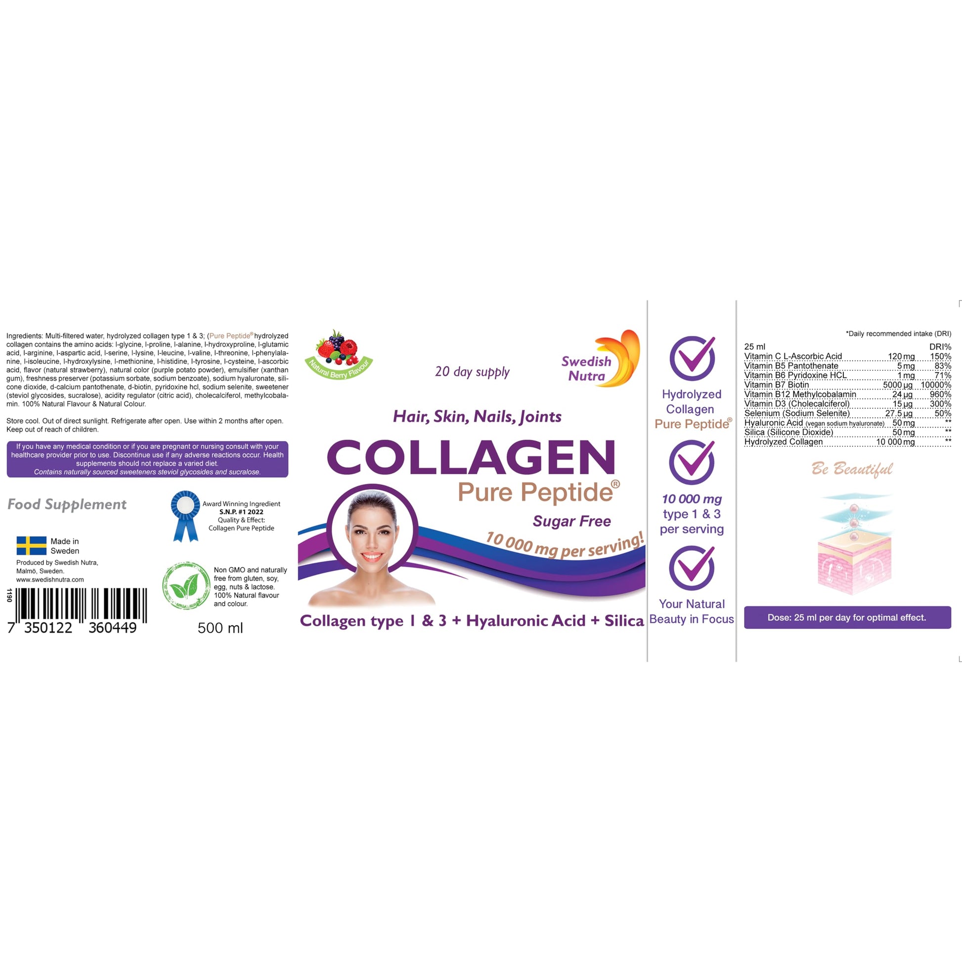 Swedish Nutra Liquid Bovine Collagen - Pack of 500ml, 20 Day Supply | Sugar Free Berry Flavour Swedish Nutra uk supplements