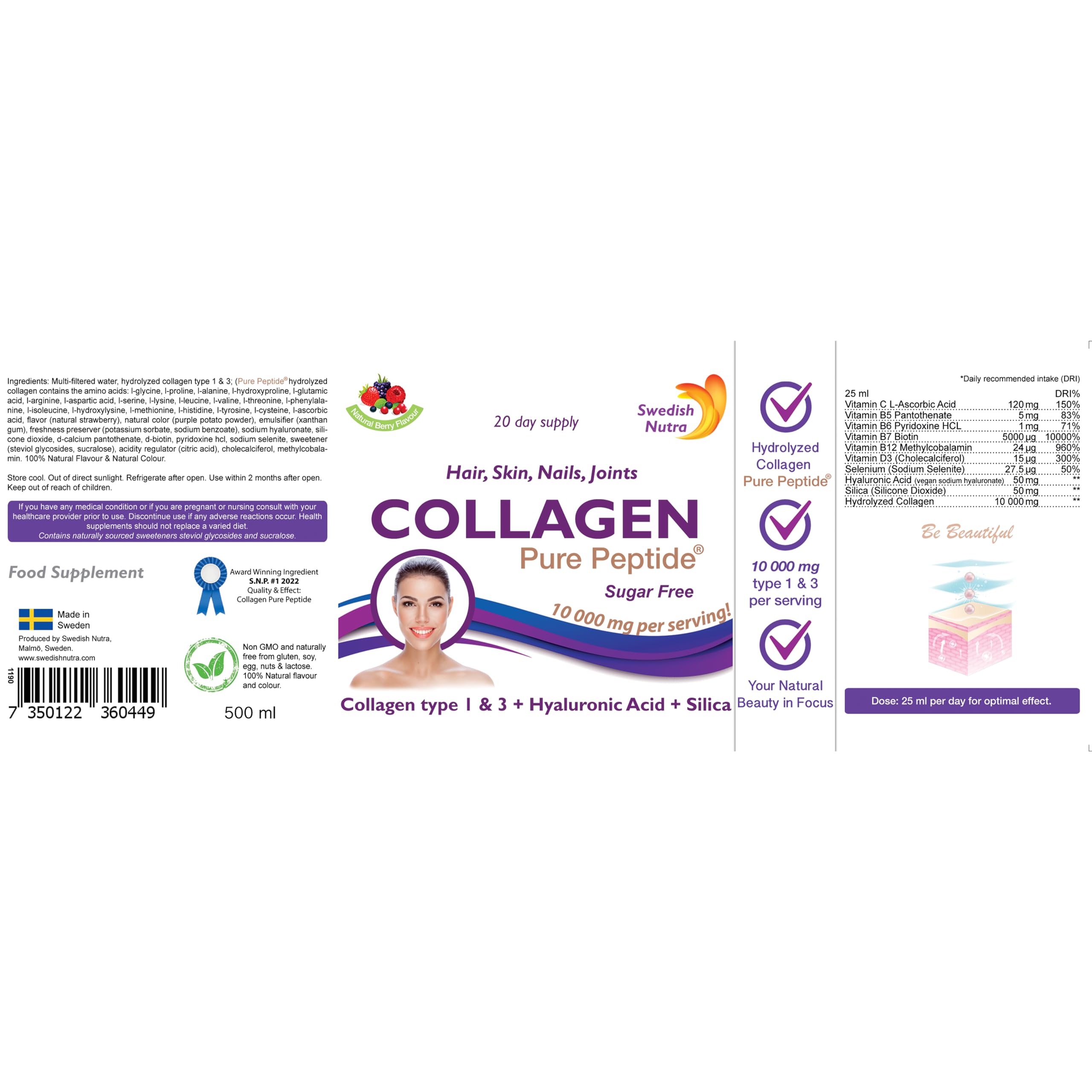 Swedish Nutra Liquid Bovine Collagen - Pack of 500ml, 20 Day Supply | Sugar Free Berry Flavour Swedish Nutra uk supplements