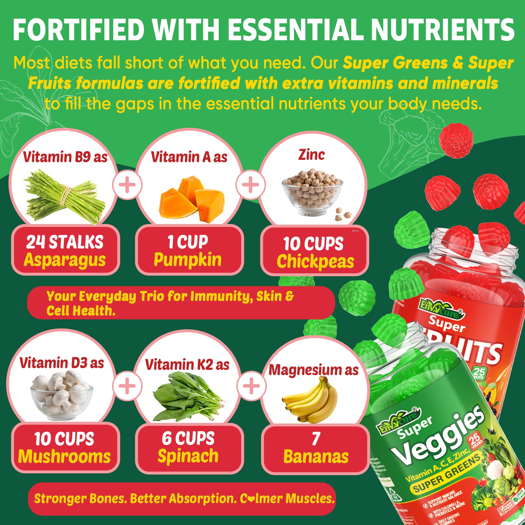 Super Greens Gummies, Daily Green Superfood Supplement w/Spirulina, Chlorella, Mushrooms, Probiotics, Multivitamins, 50+ Super Greens & Veggies Gummies to Boost Immunity, Energy & Gut Health, 120cts EnvyCure uk supplements