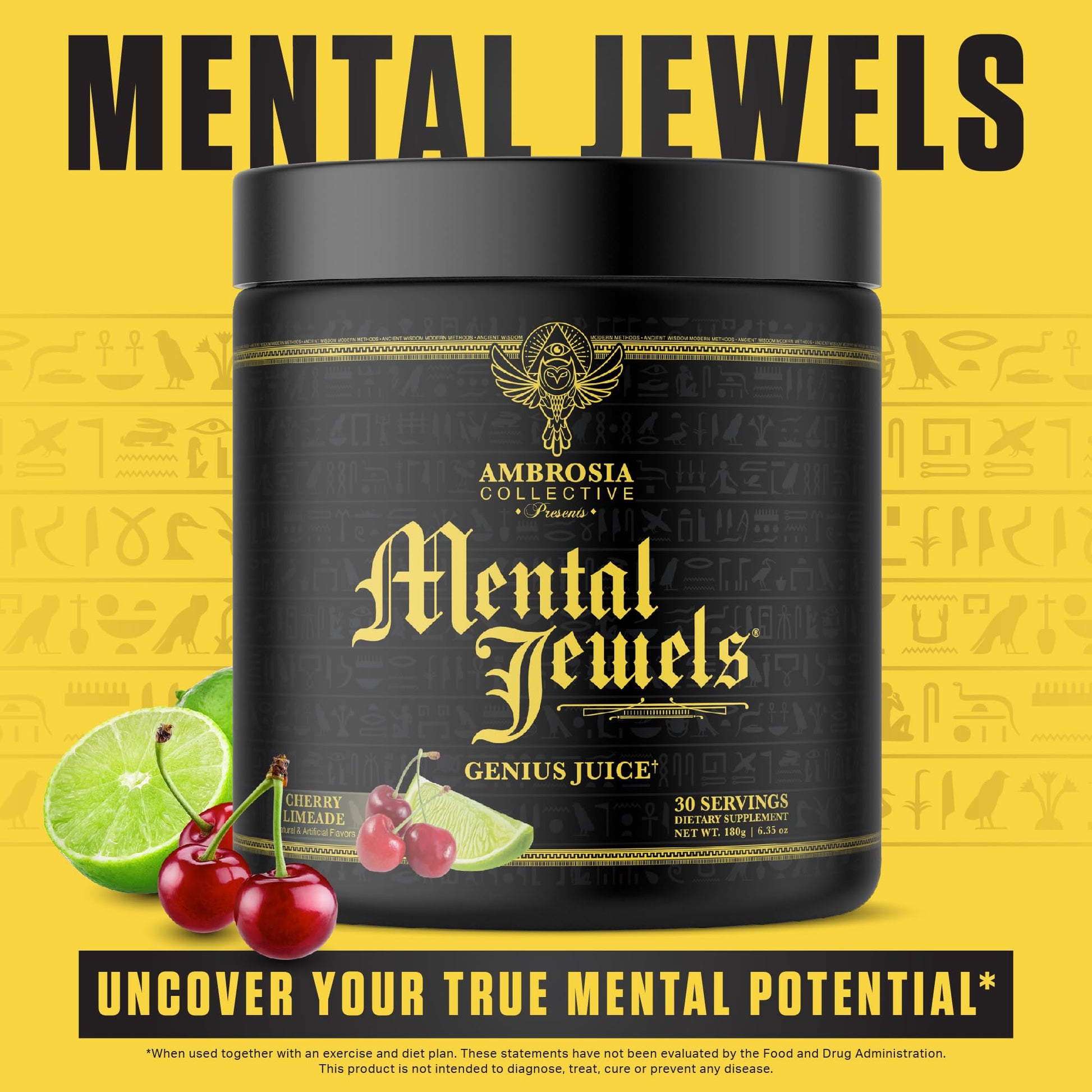 Ambrosia Mental Jewels Nootropic Brain Supplement Powder | Alpha GPC, Bacopa & Phosphatidylserine | Memory, Focus & Concentration Support | 30 Servings | Cherry Limeade Ambrosia uk supplements