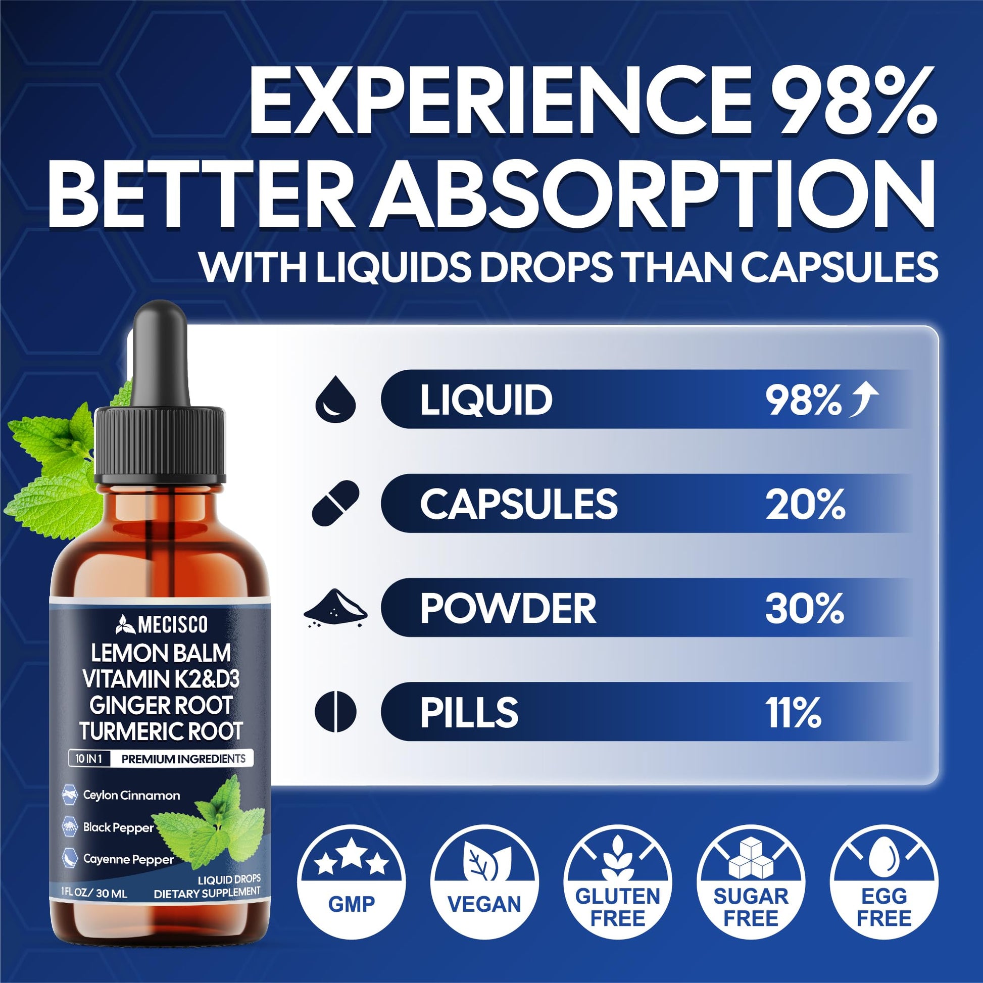 10in1 Lemon Balm Liquid Drops Blend Includes Vitamin D3, Vitamin K2, Lemon Balm, Ginger, Turmeric, Ceylon Cinnamon, Black Pepper, Cayenne Pepper, Berberine, Valerian Root - 1 FL Oz - 2 Month Supply Mecisco uk supplements