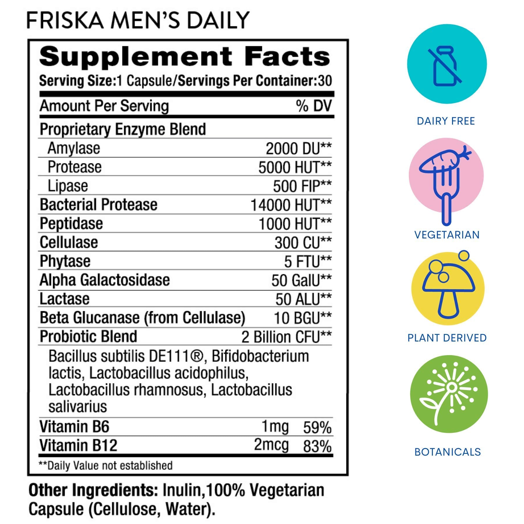 Friska Daily Digestive Enzymes with Probiotics for Men - Helps Break Down Protein, Fat & Carbs, Reduces Bloating & Gas, with Vitamins B6 & B12, 30 Capsules FR!SKA uk supplements