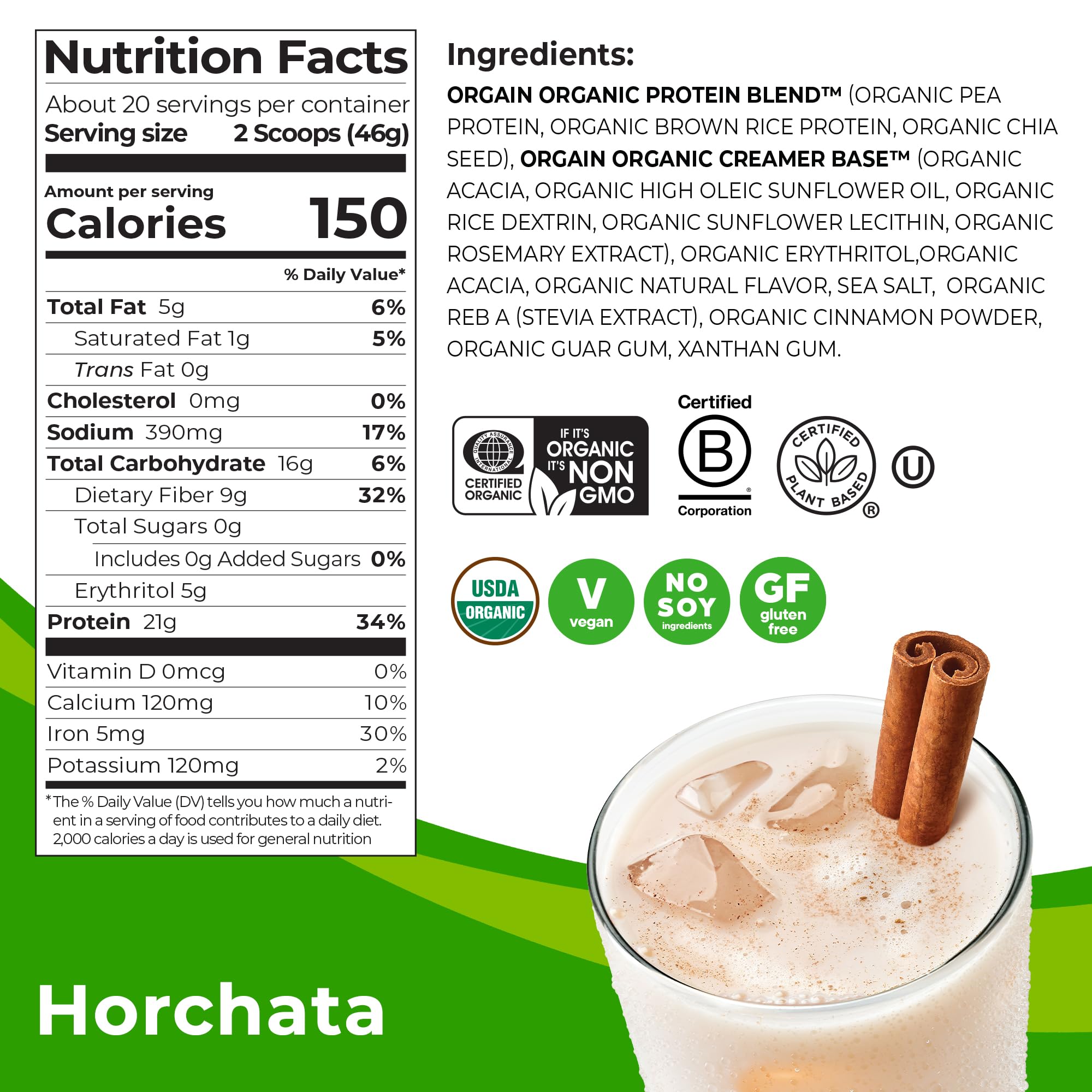 Orgain Organic Vegan Protein Powder, Horchata - 21g of Plant Based Protein, Low Net Orgain uk supplements