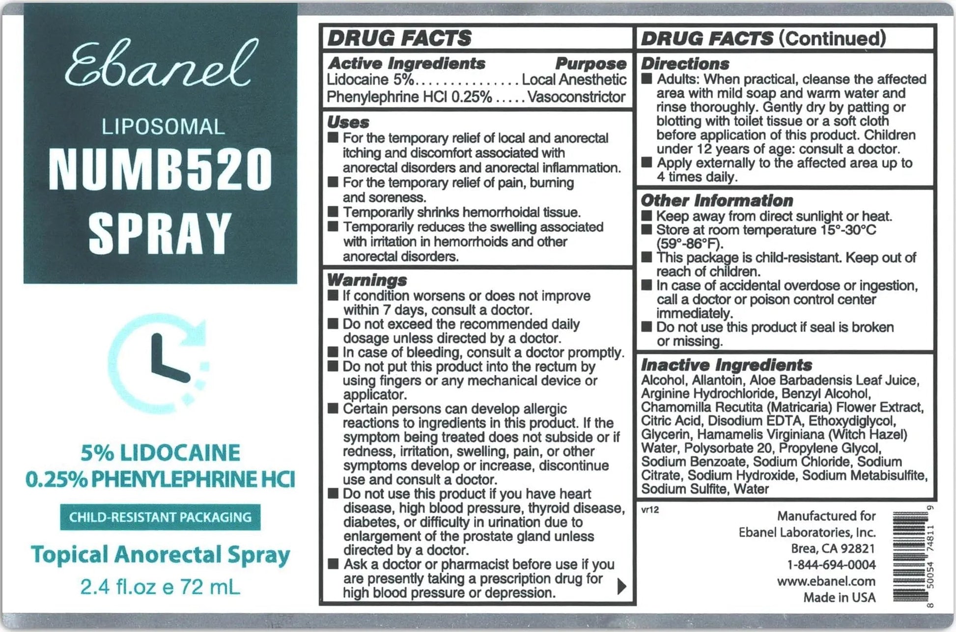 Ebanel 5% Lidocaine Spray Pain Relief Numb520 Burn Itch Relief Numbing Spray for Skin, Topical Anesthetic Postpartum Hemorrhoid Treatment with Phenylephrine for Local and Anorectal Uses EBANEL LABORATORIES uk supplements