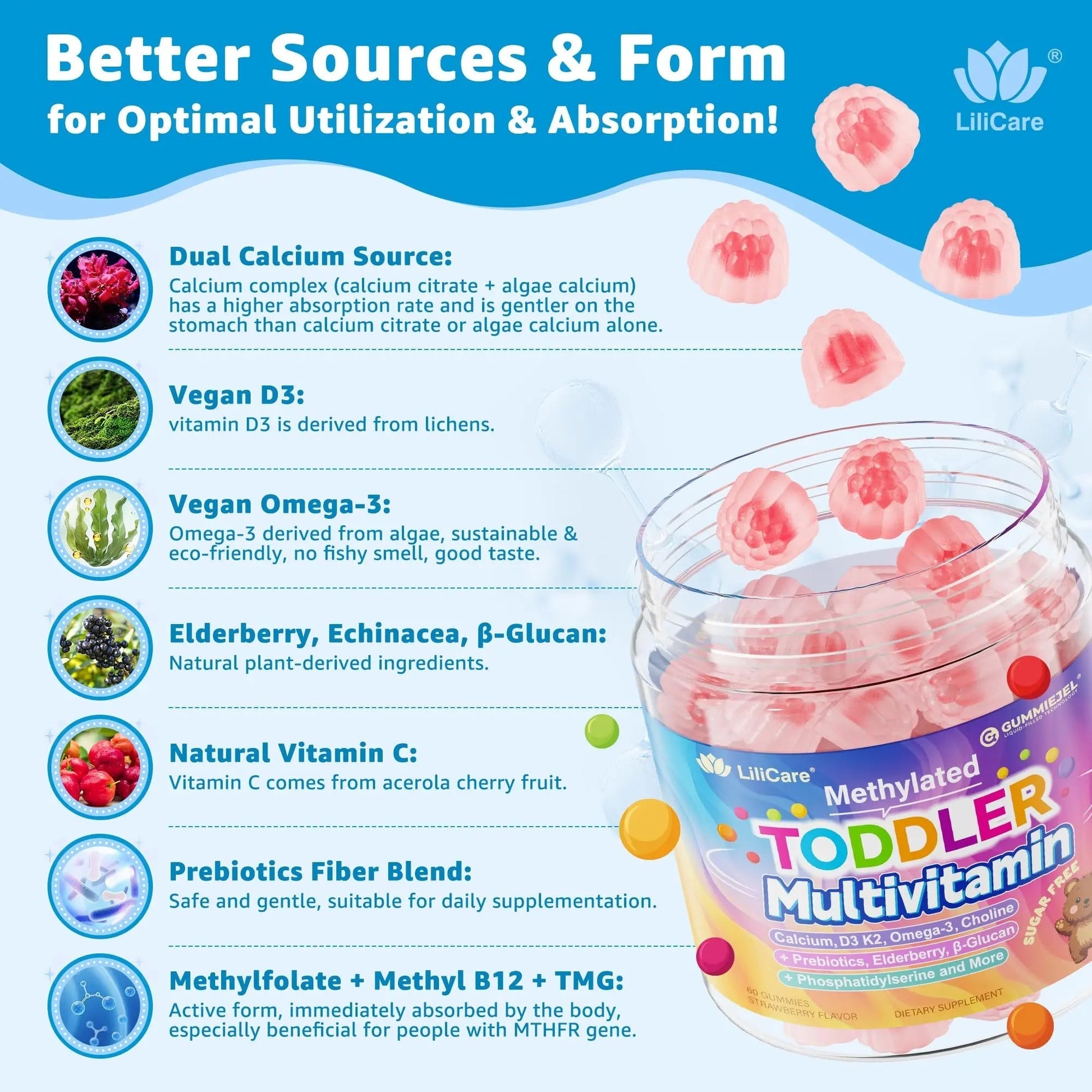 Toddler Multivitamin Gummies with Iron, Omega-3, ARA, Calcium, Prebiotic | Methylated Vitamins for Kids Ages 2+ | Overall Support | LILICARE uk supplements