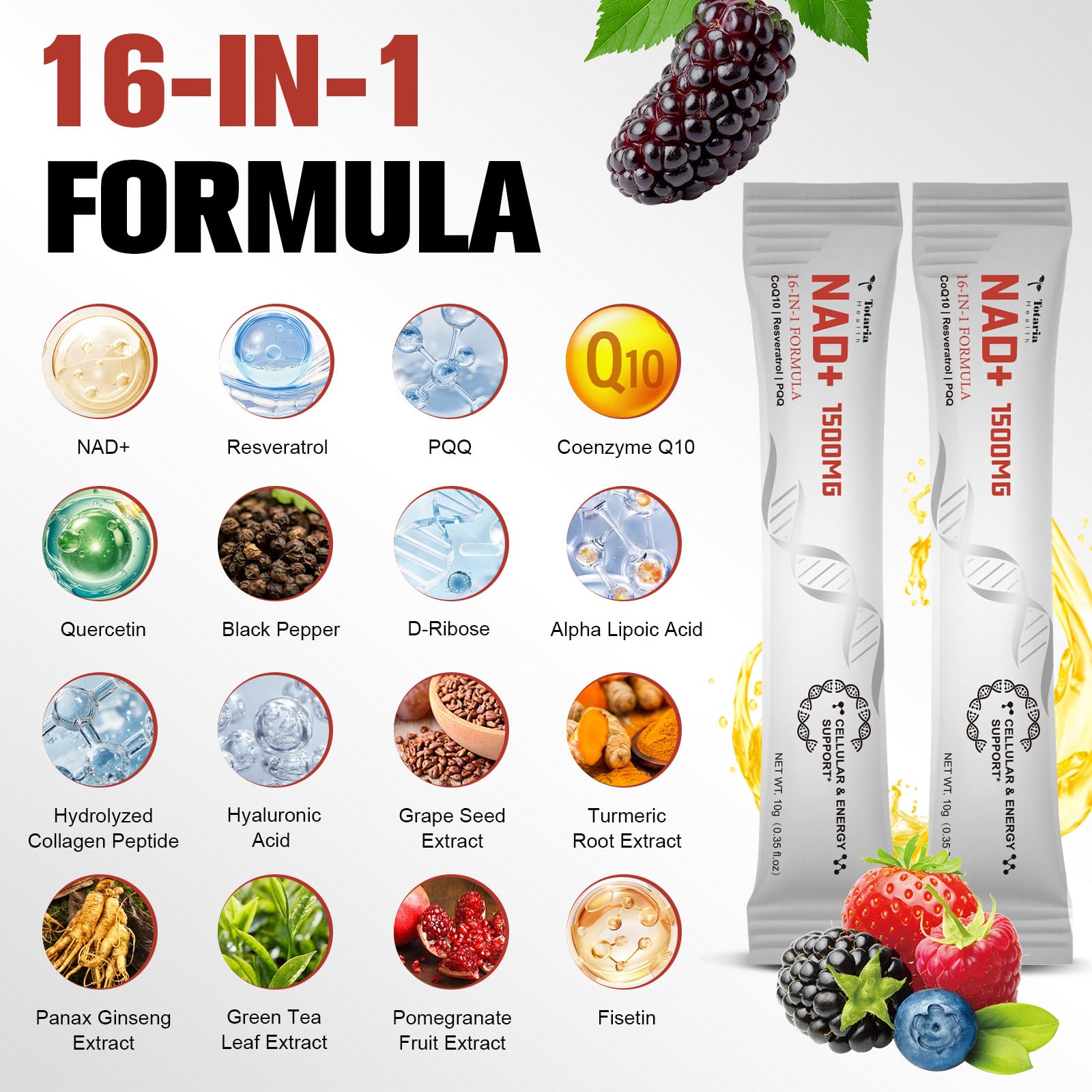 Totaria NAD Liquid Supplement 1500mg for Men & Women, Extra Strength NAD+, Resveratrol, PQQ, CoQ10, 16-in-1 Formula with Nicotinamide Riboside for Anti Aging, Energy, Immune, Focus (30 Packets) Totaria uk supplements