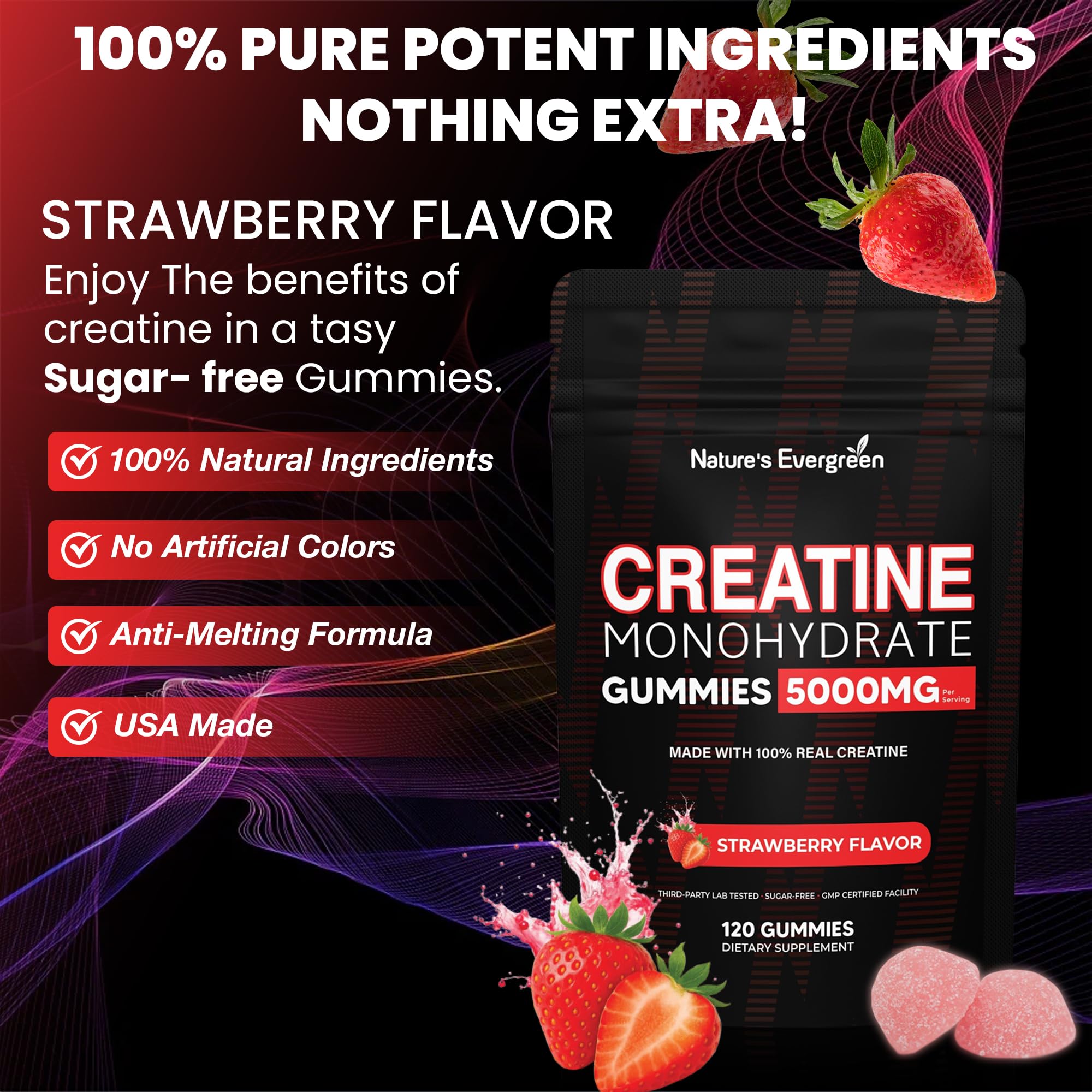 Creatine Monohydrate 5000mg Gummies, Pre-Workout 5g Creatine Gummy Supplement for Men & Women: Muscle Builder & Energy Boost, Sugar Free, Vegan, Strawberry Flavor, (120 Count) Made in USA Nature's Evergreen uk supplements