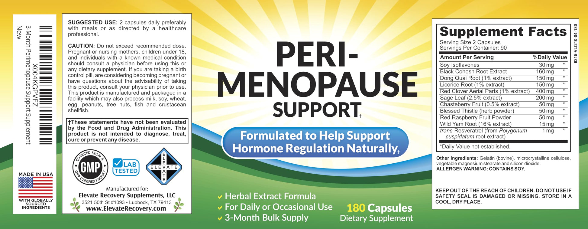 Perimenopause Support (3-Month) Supplement Blend | Women's Health & Hormone Support with 11 Herbs & Extracts | Female Hormonal Balance Supplements | 90-Day Bulk Supply | 180 Capsules Elevate Recovery Supplements uk supplements